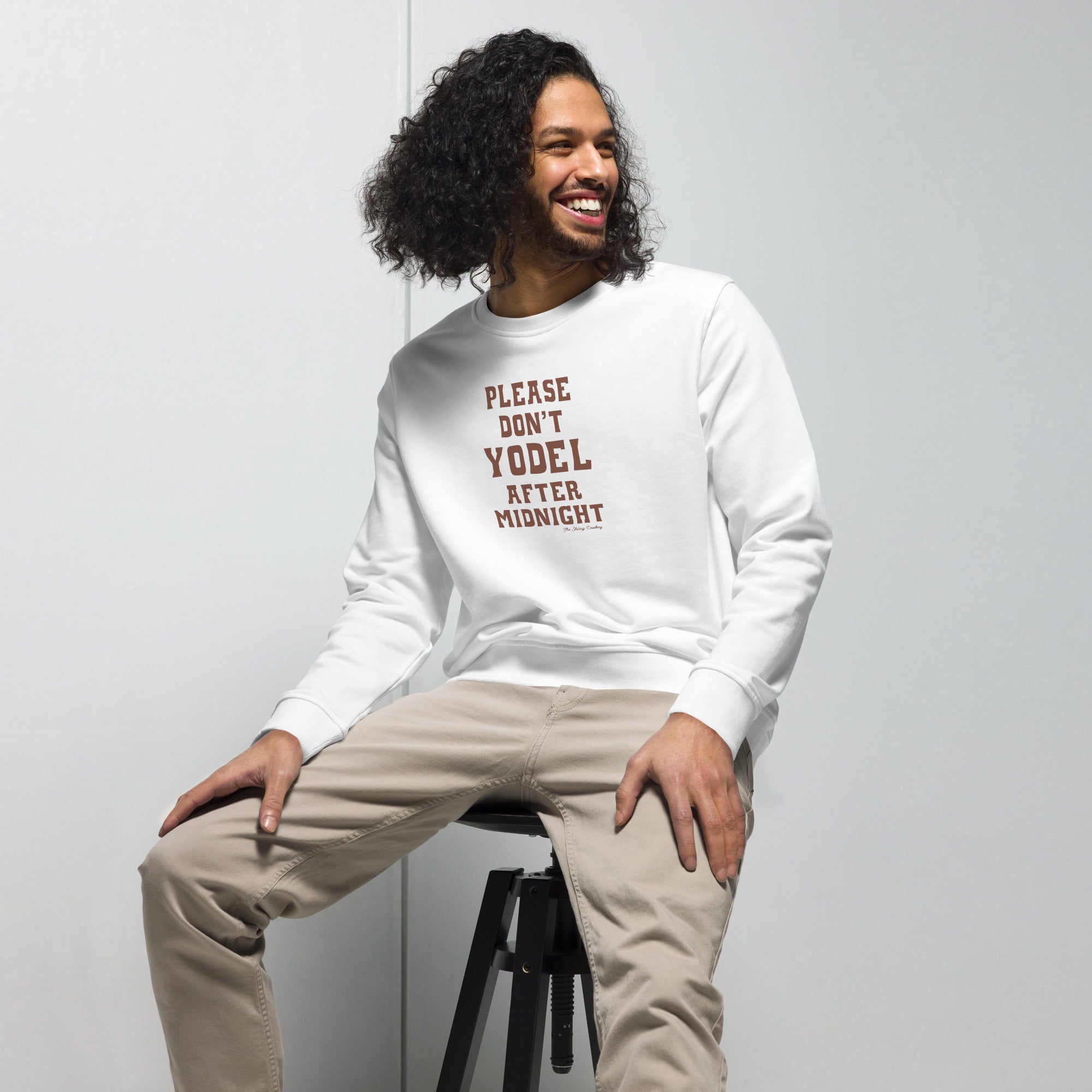 Unisex organic sweatshirt Don't Yodel After Midnight dark text