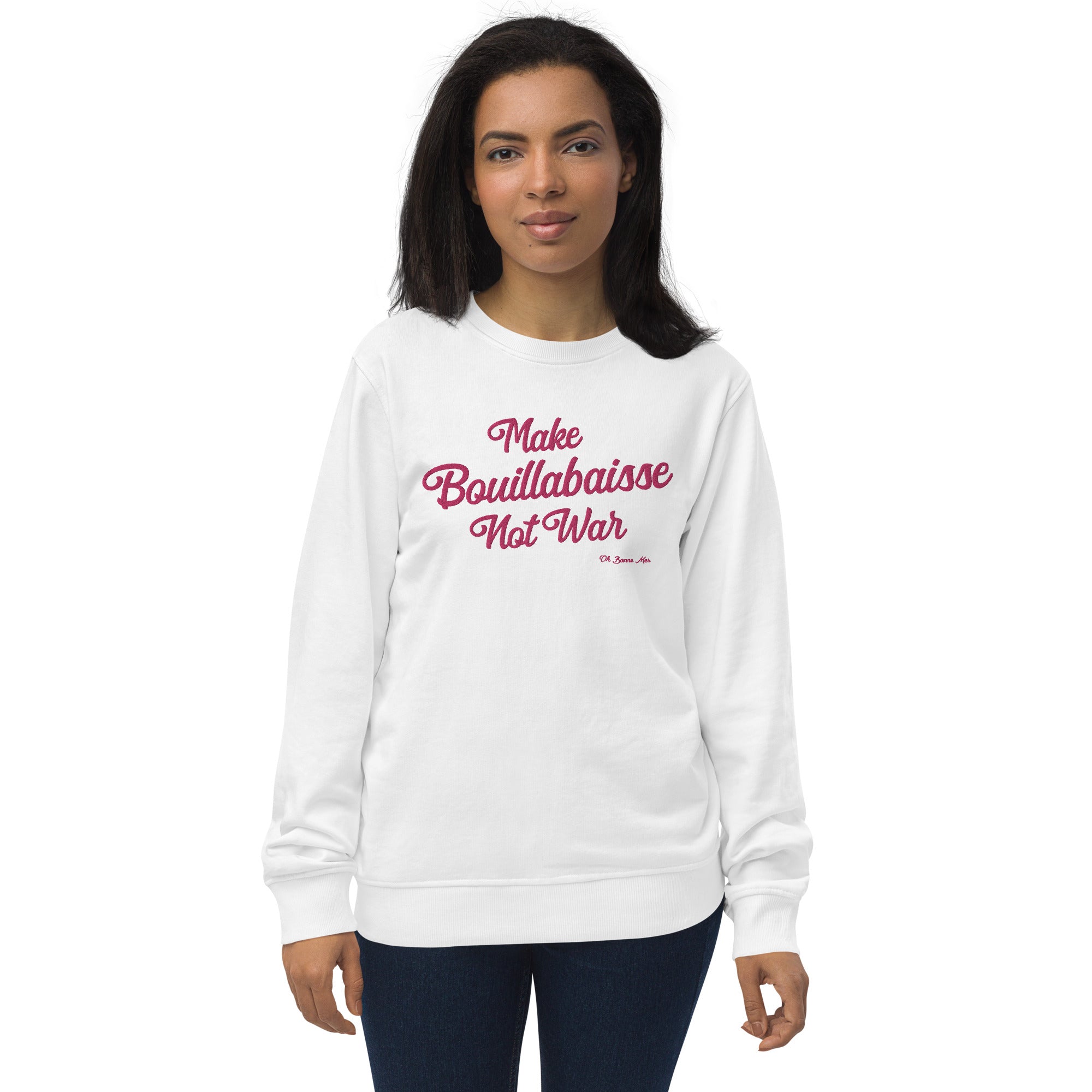 Unisex organic sweatshirt Make Bouillabaisse Not War large flamingo embroidered pattern