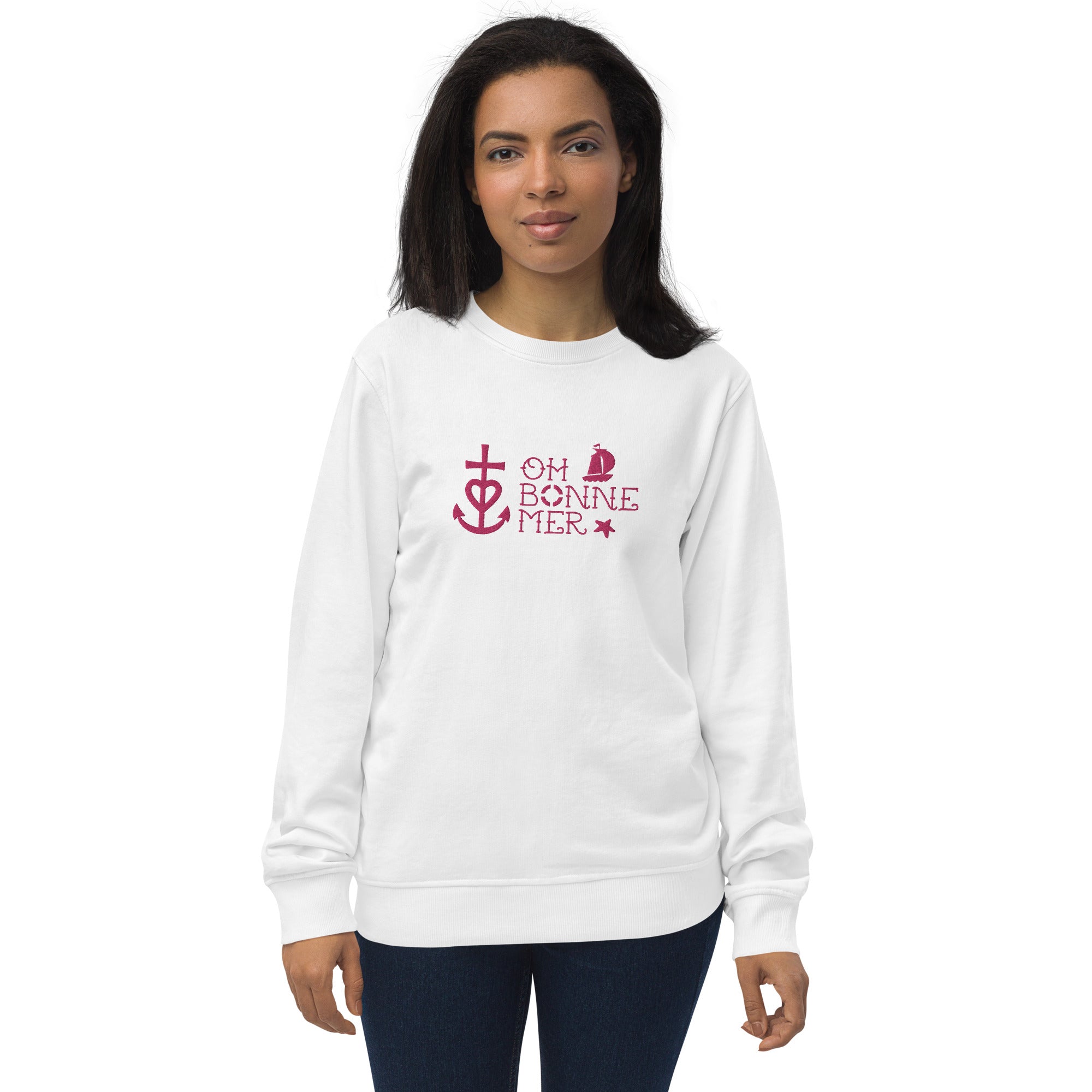 Unisex organic sweatshirt Oh Bonne Mer 2 flamingo embroidered pattern