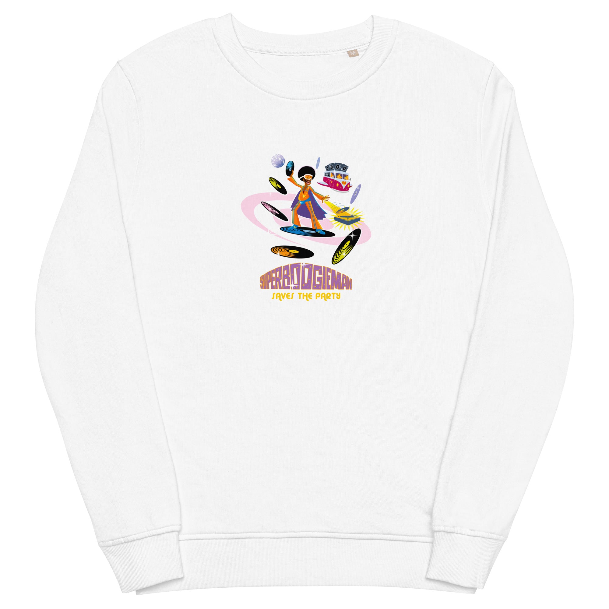 Unisex organic sweatshirt Superboogieman Saves the Party (front & back)