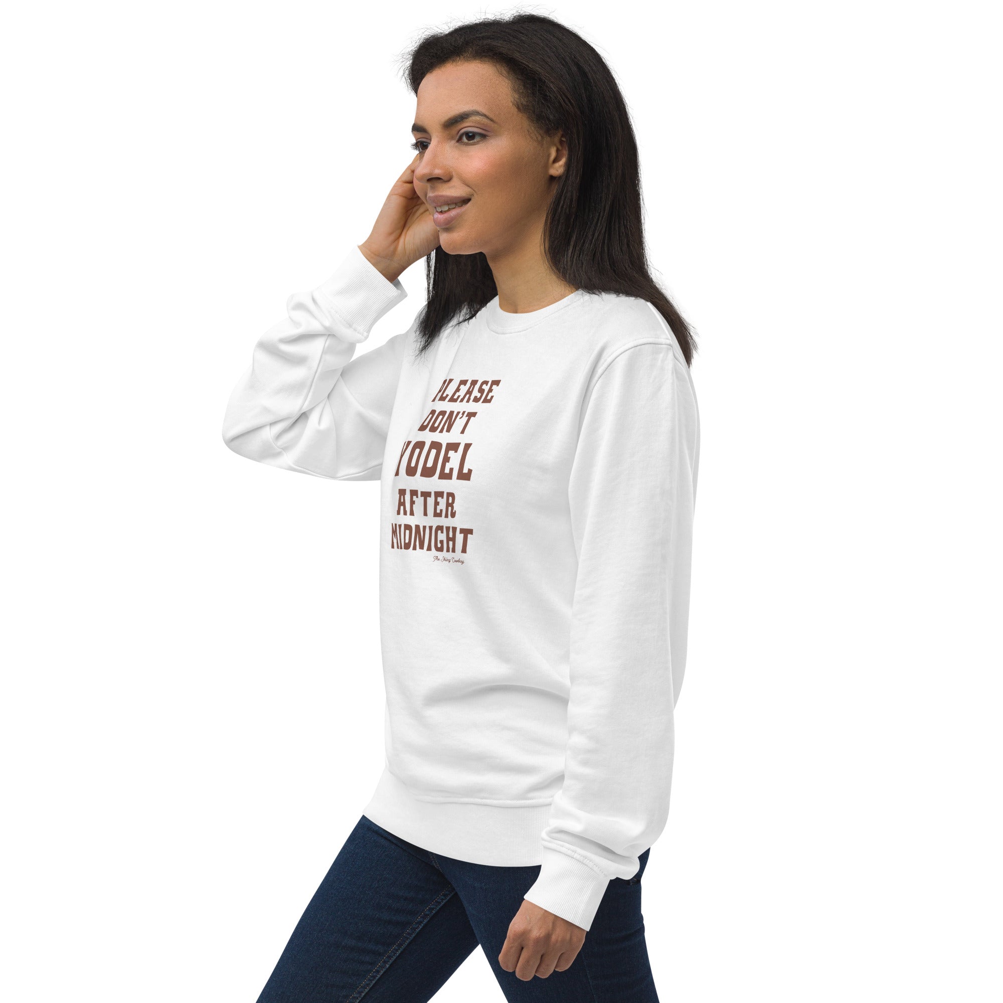 Unisex organic sweatshirt Don't Yodel After Midnight dark text