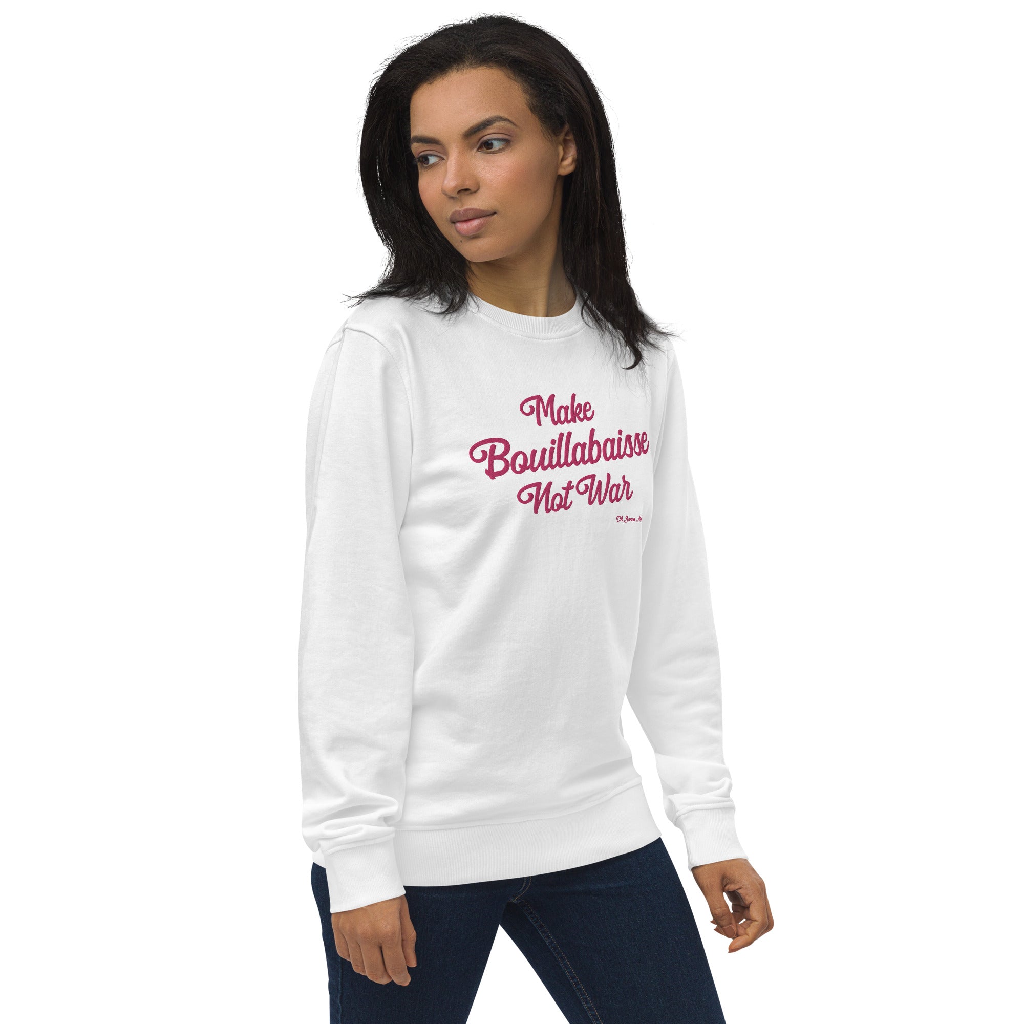 Unisex organic sweatshirt Make Bouillabaisse Not War large flamingo embroidered pattern