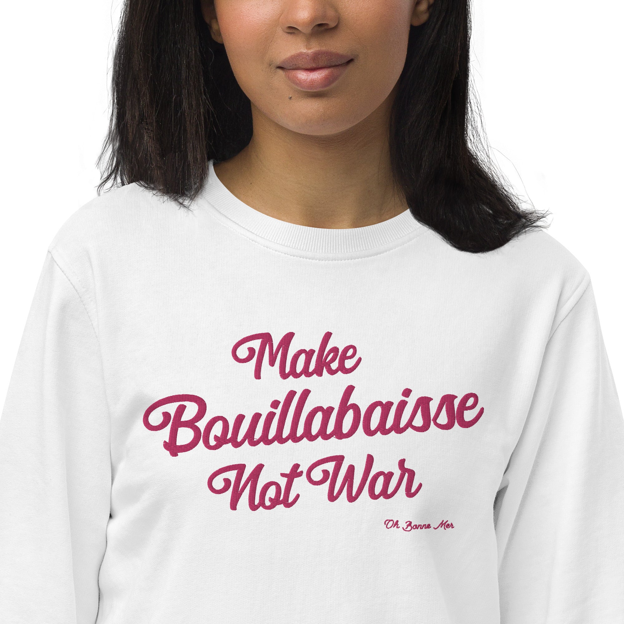 Unisex organic sweatshirt Make Bouillabaisse Not War large flamingo embroidered pattern