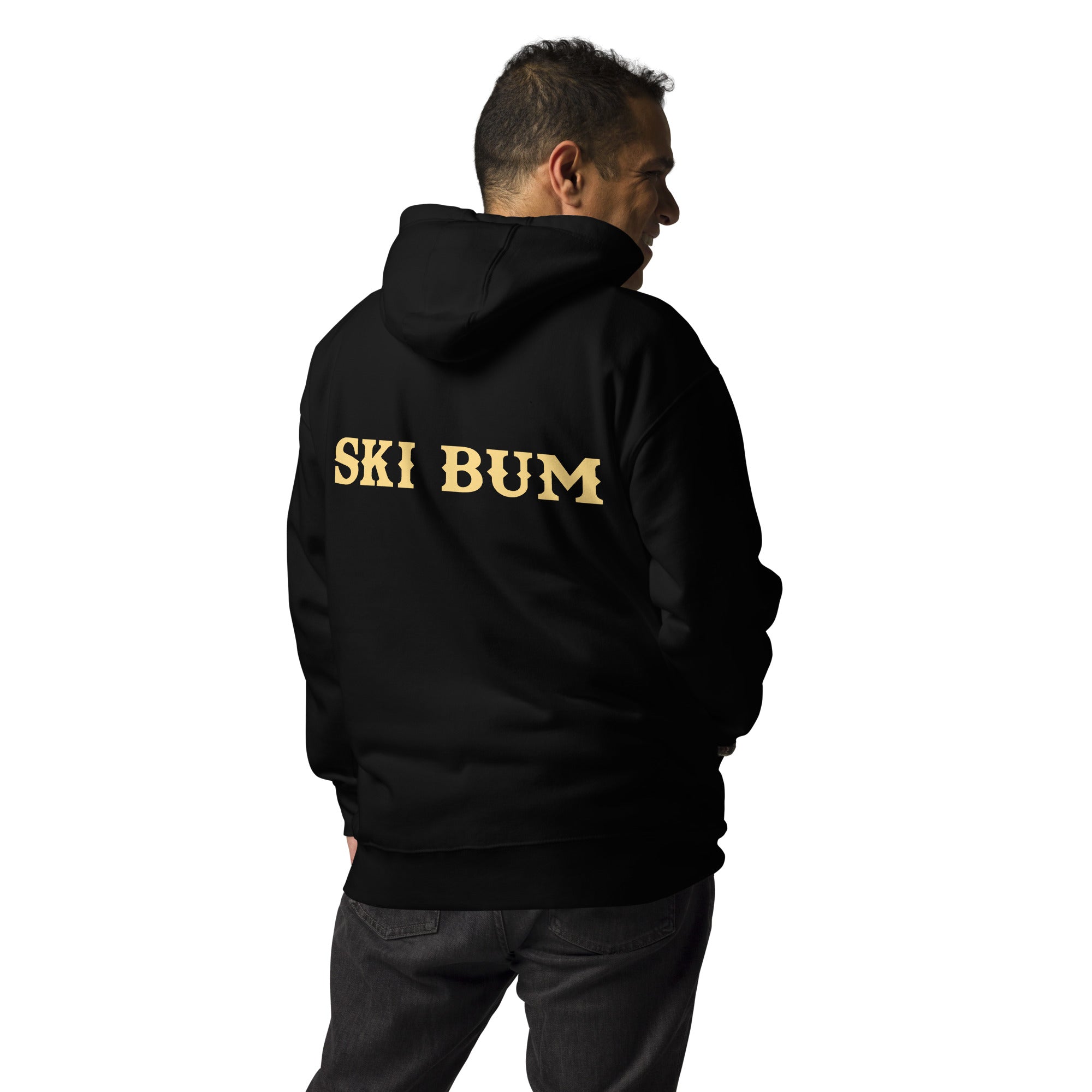 Unisex Cotton Hoodie Ski Bum light text (front & back)