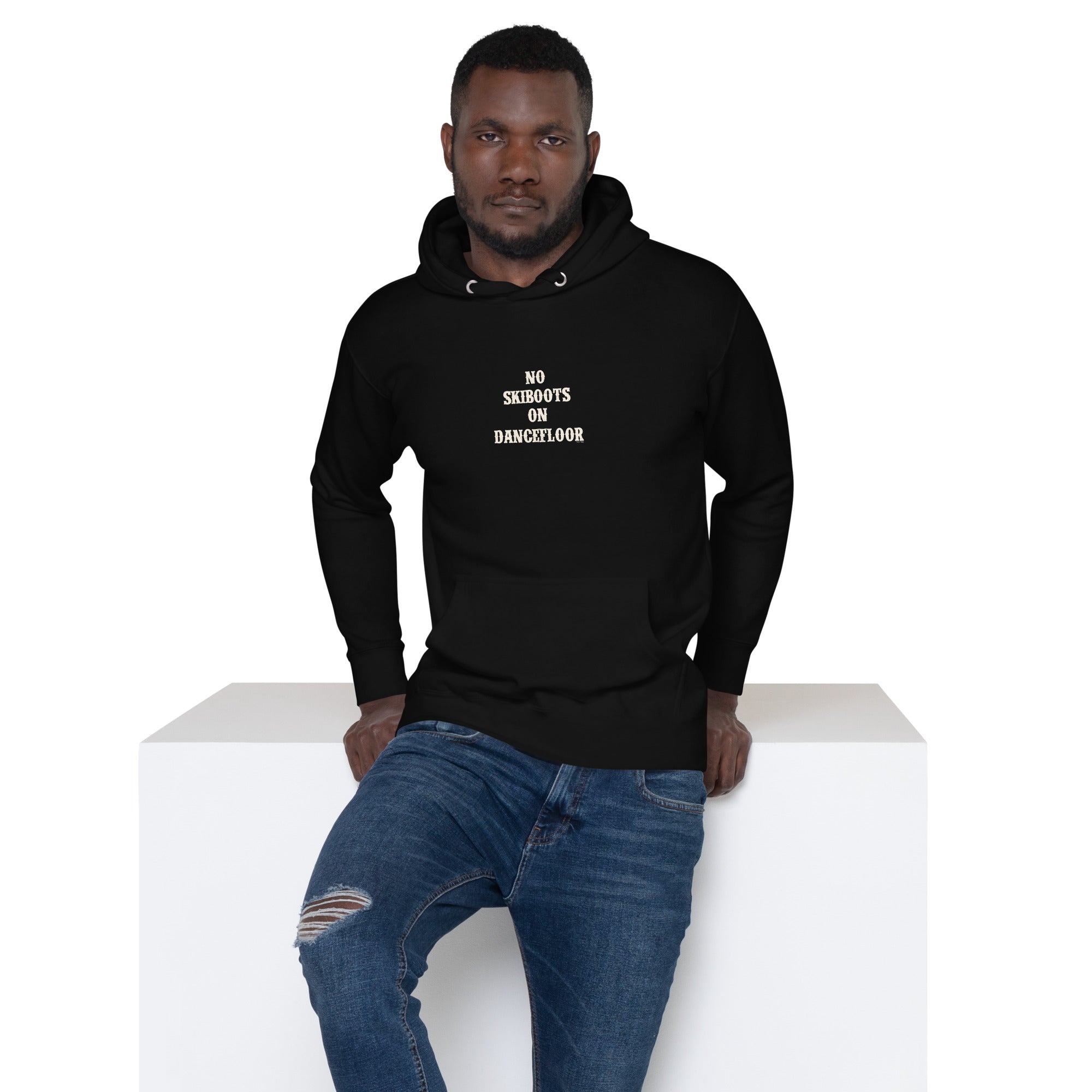 Unisex Cotton Hoodie No Skiboots on Dancefloor on dark colors