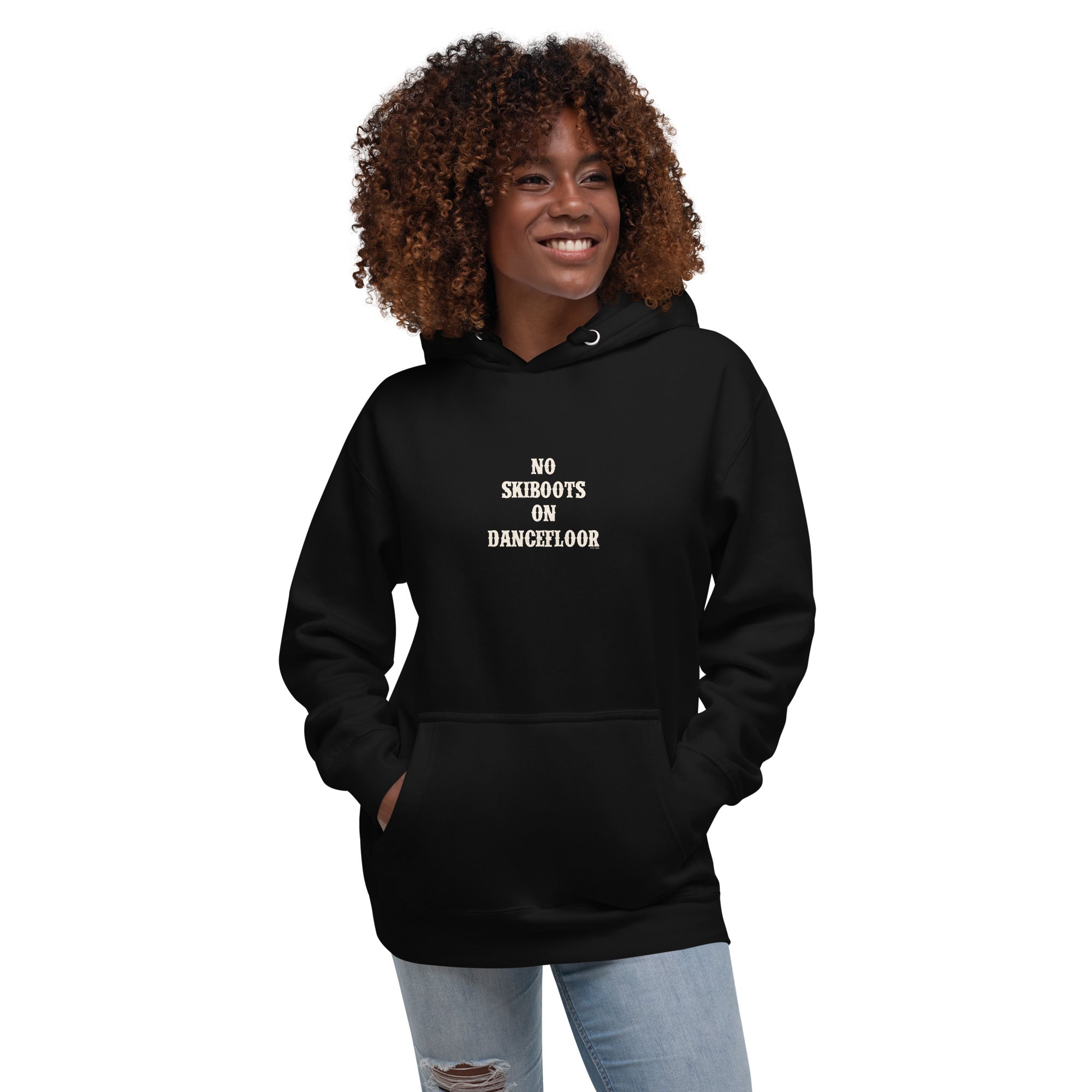 Unisex Cotton Hoodie No Skiboots on Dancefloor on dark colors