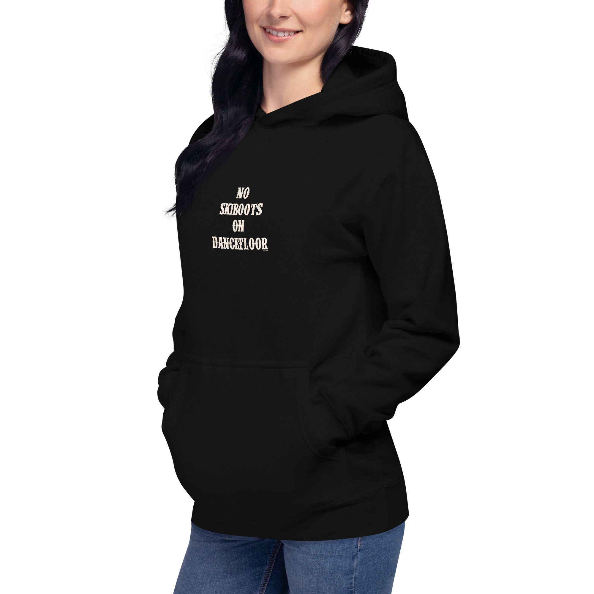 Unisex Cotton Hoodie No Skiboots on Dancefloor on dark colors