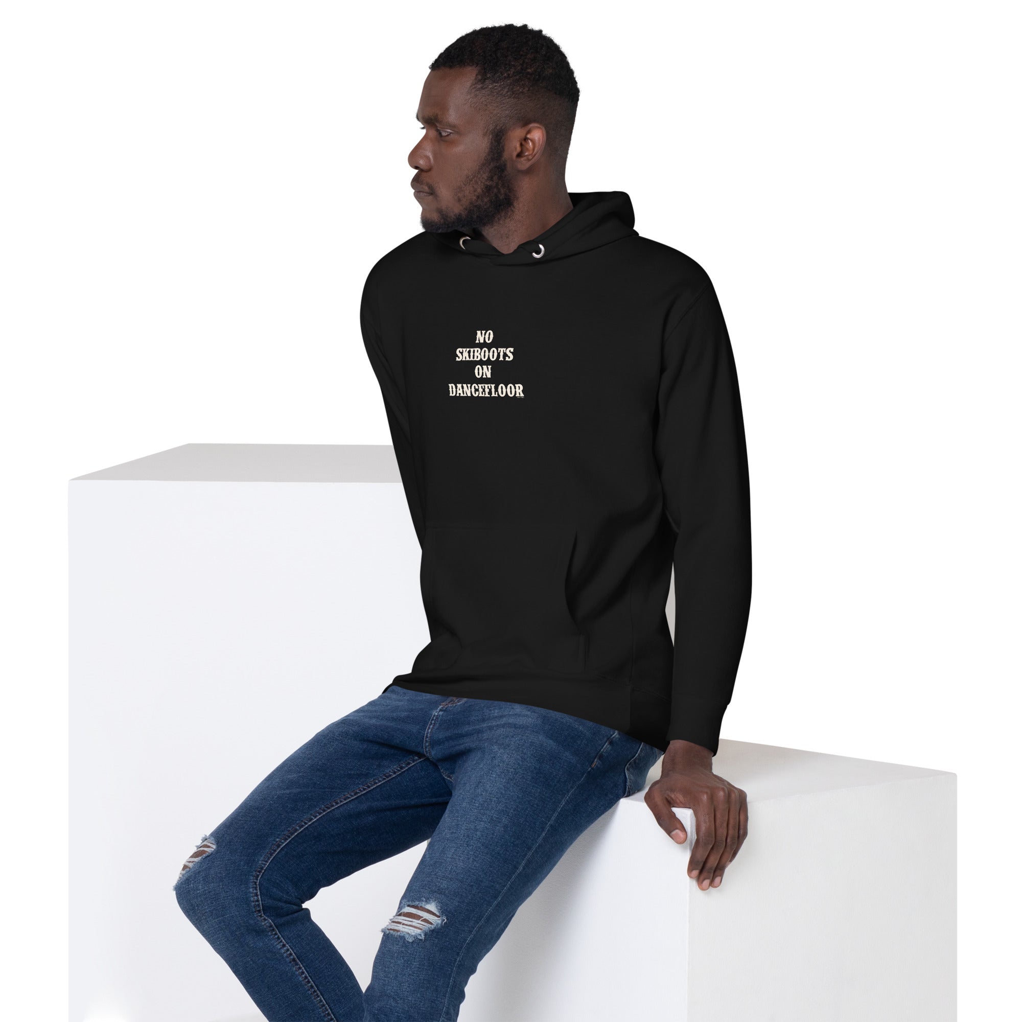 Unisex Cotton Hoodie No Skiboots on Dancefloor on dark colors