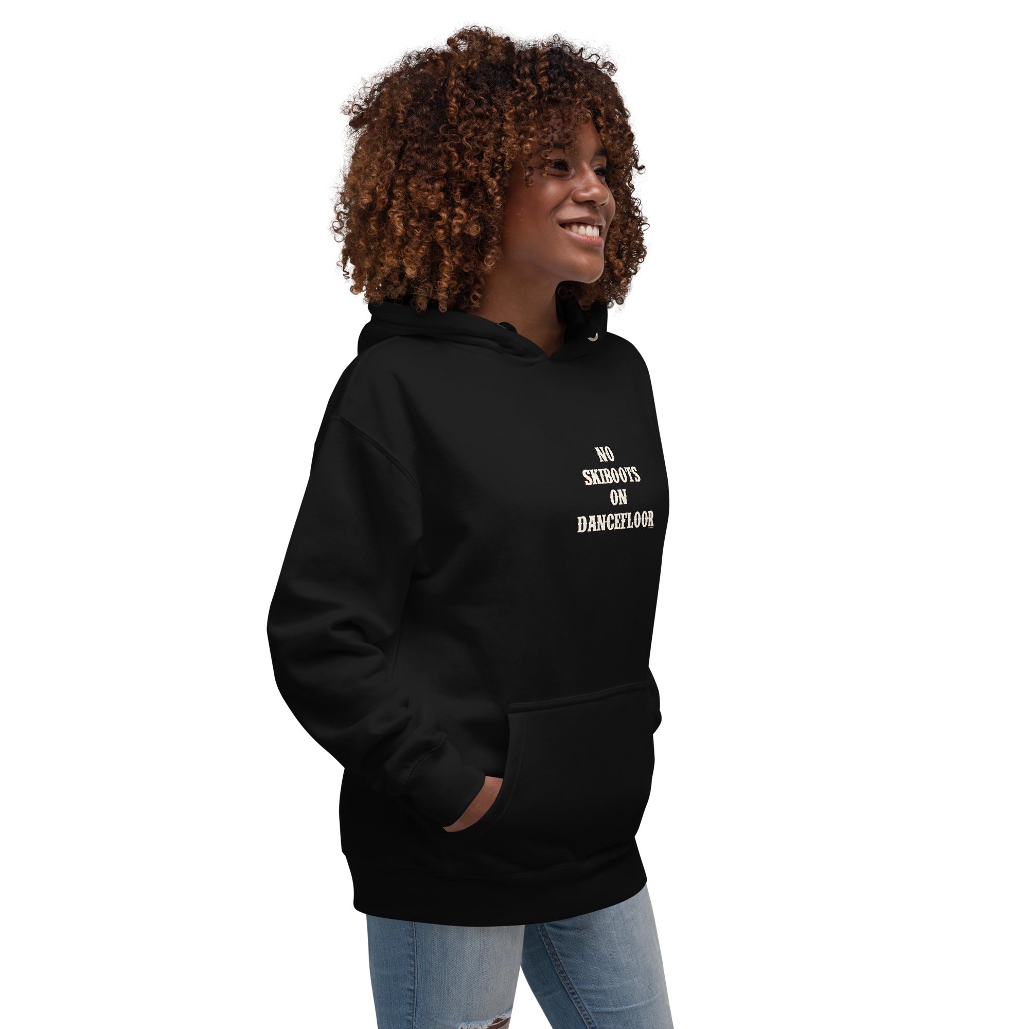 Unisex Cotton Hoodie No Skiboots on Dancefloor on dark colors