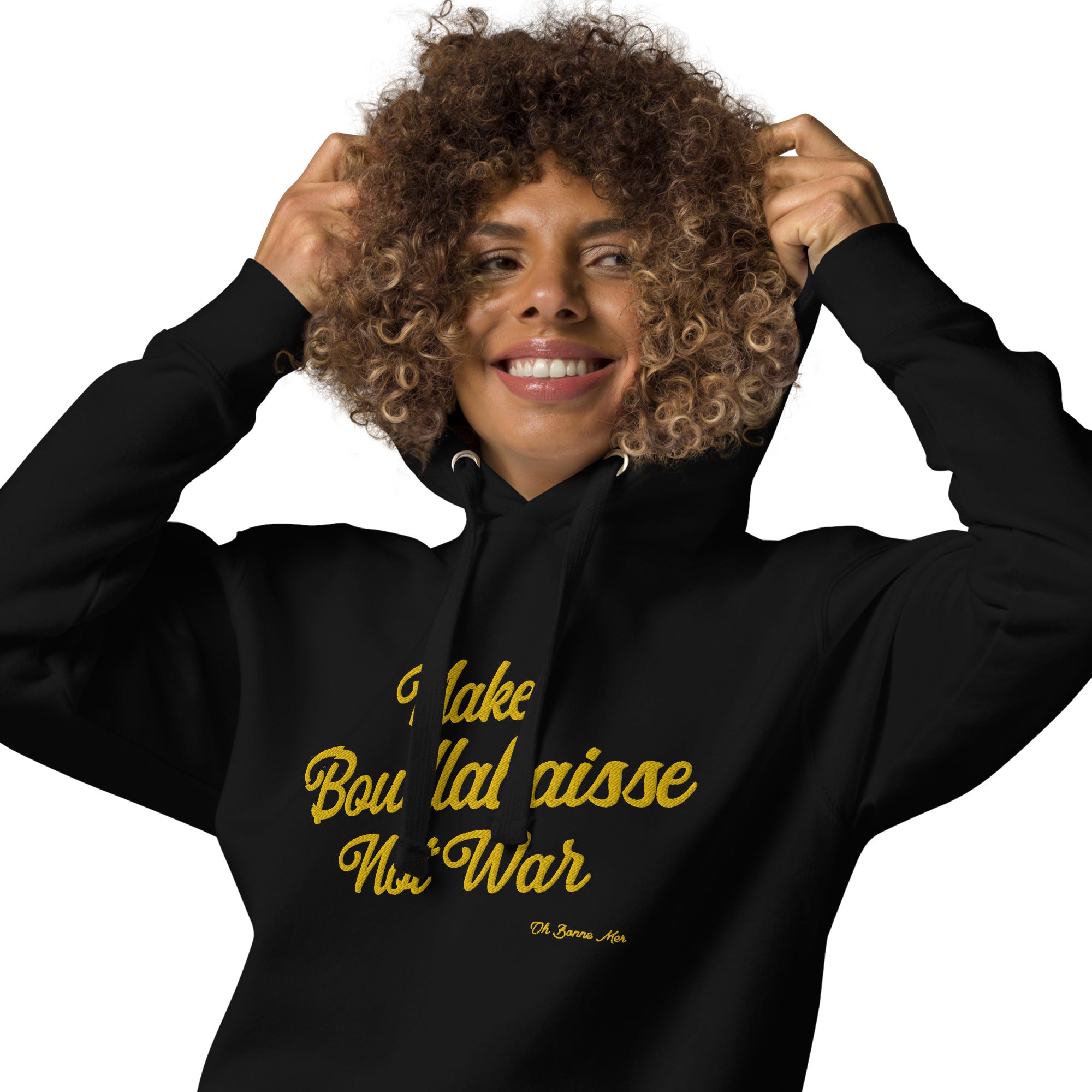 Sweat à capuche unisexe en coton Make Bouillabaisse Not War doré grand motif brodé sur couleurs foncées