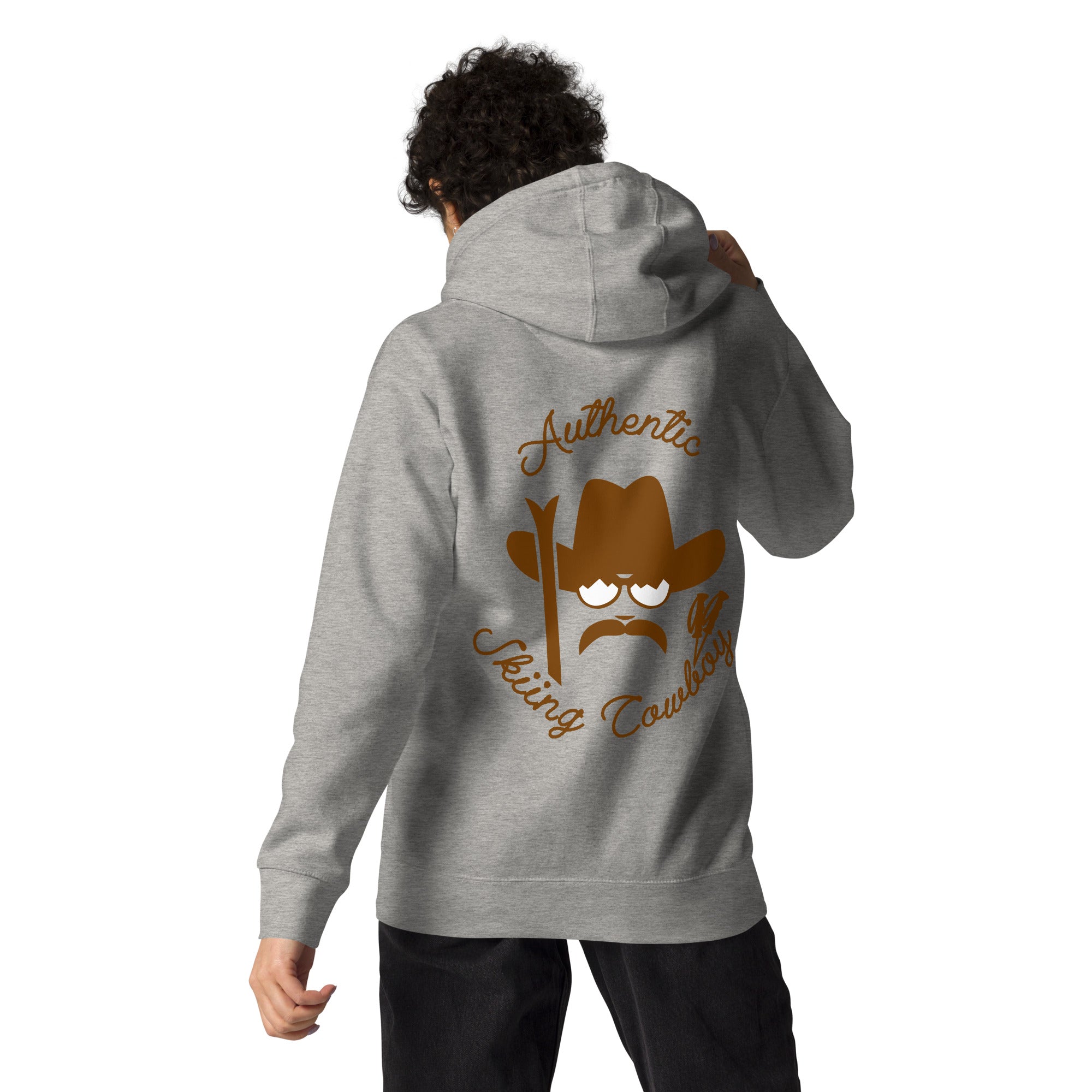 Unisex Cotton Hoodie Authentic Skiing Cowboy Brown (front & back)