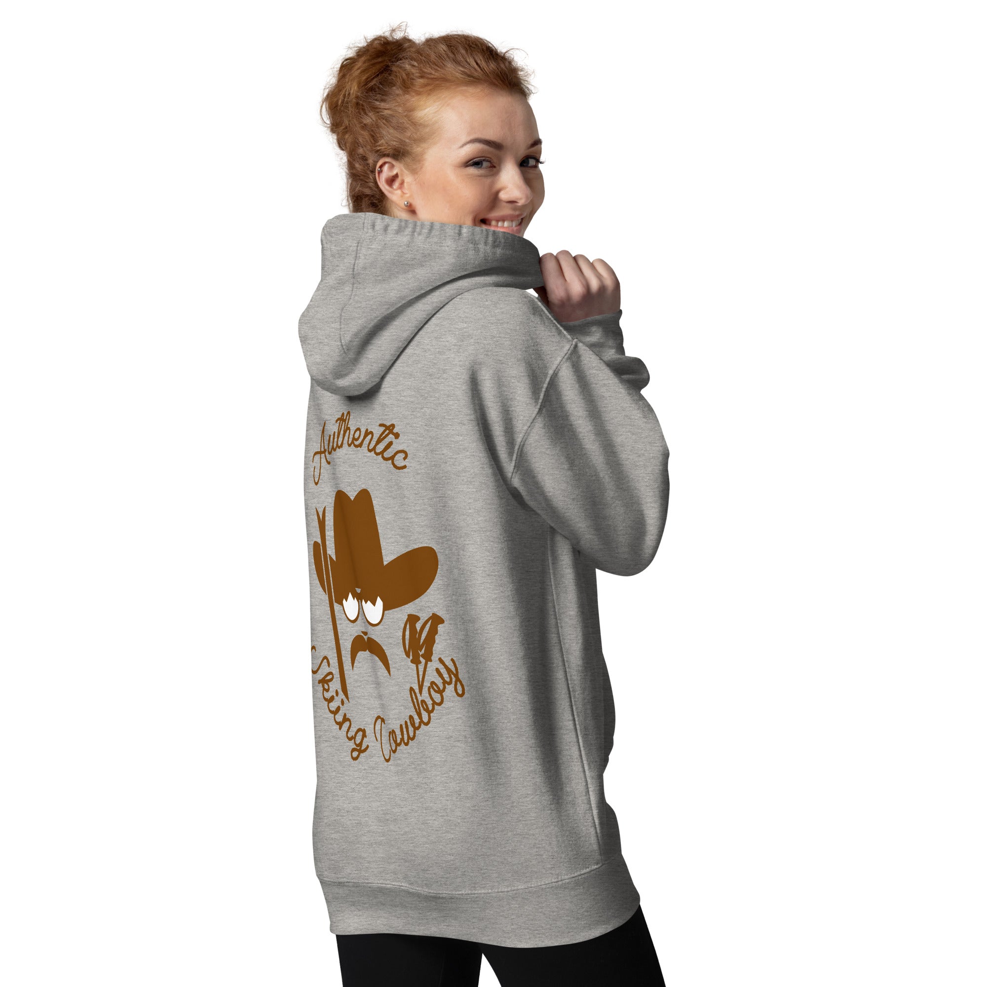 Unisex Cotton Hoodie Authentic Skiing Cowboy Brown (front & back)