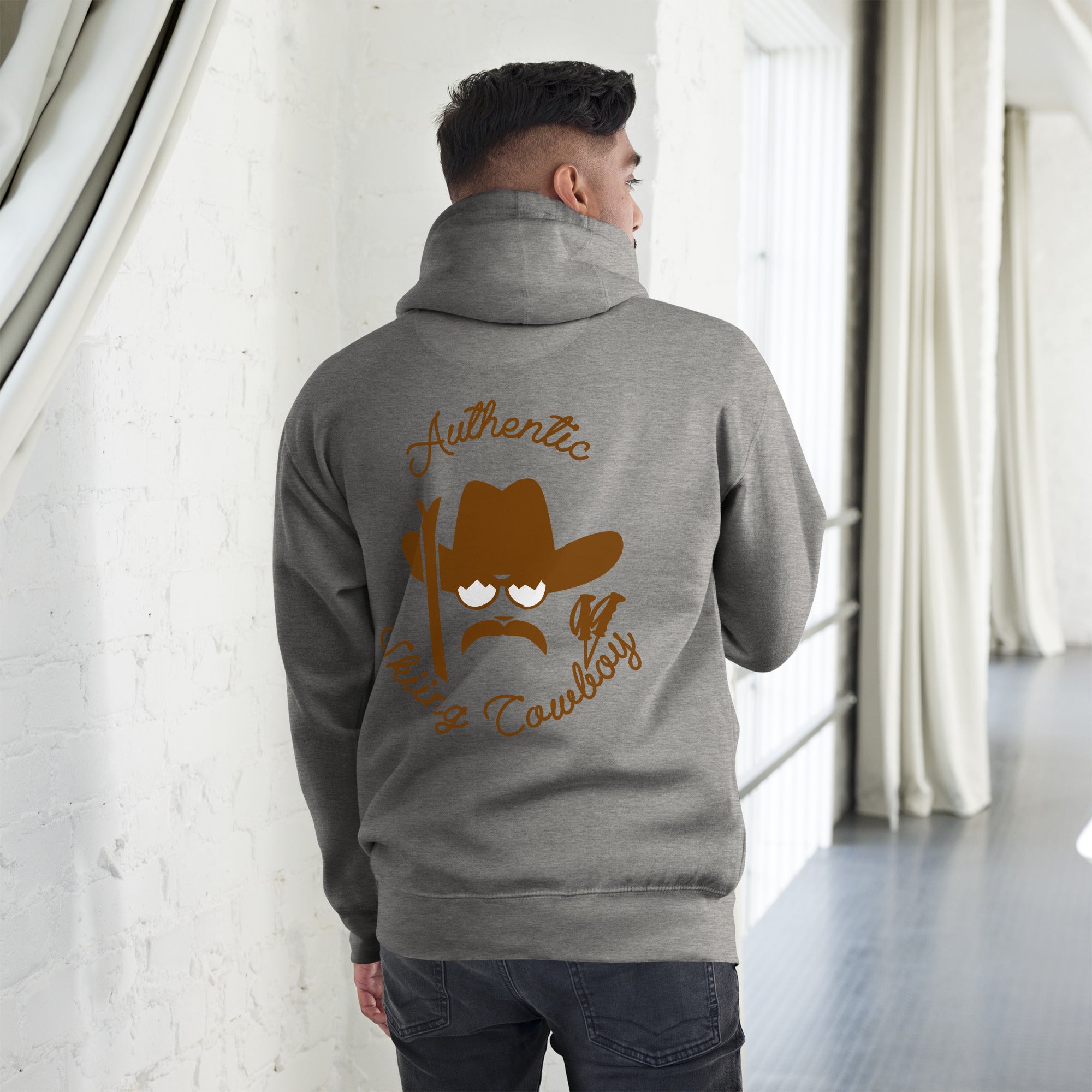 Unisex Cotton Hoodie Authentic Skiing Cowboy Brown (front & back)