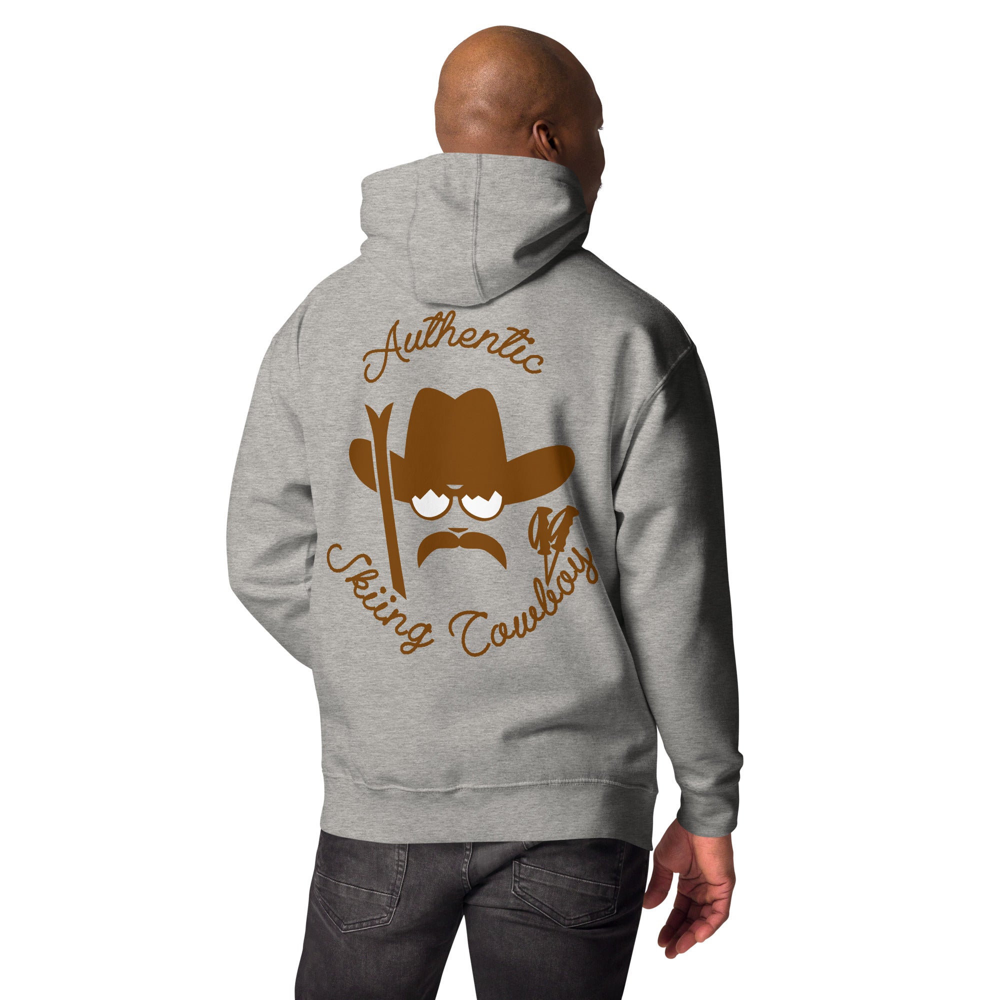 Unisex Cotton Hoodie Authentic Skiing Cowboy Brown (front & back)