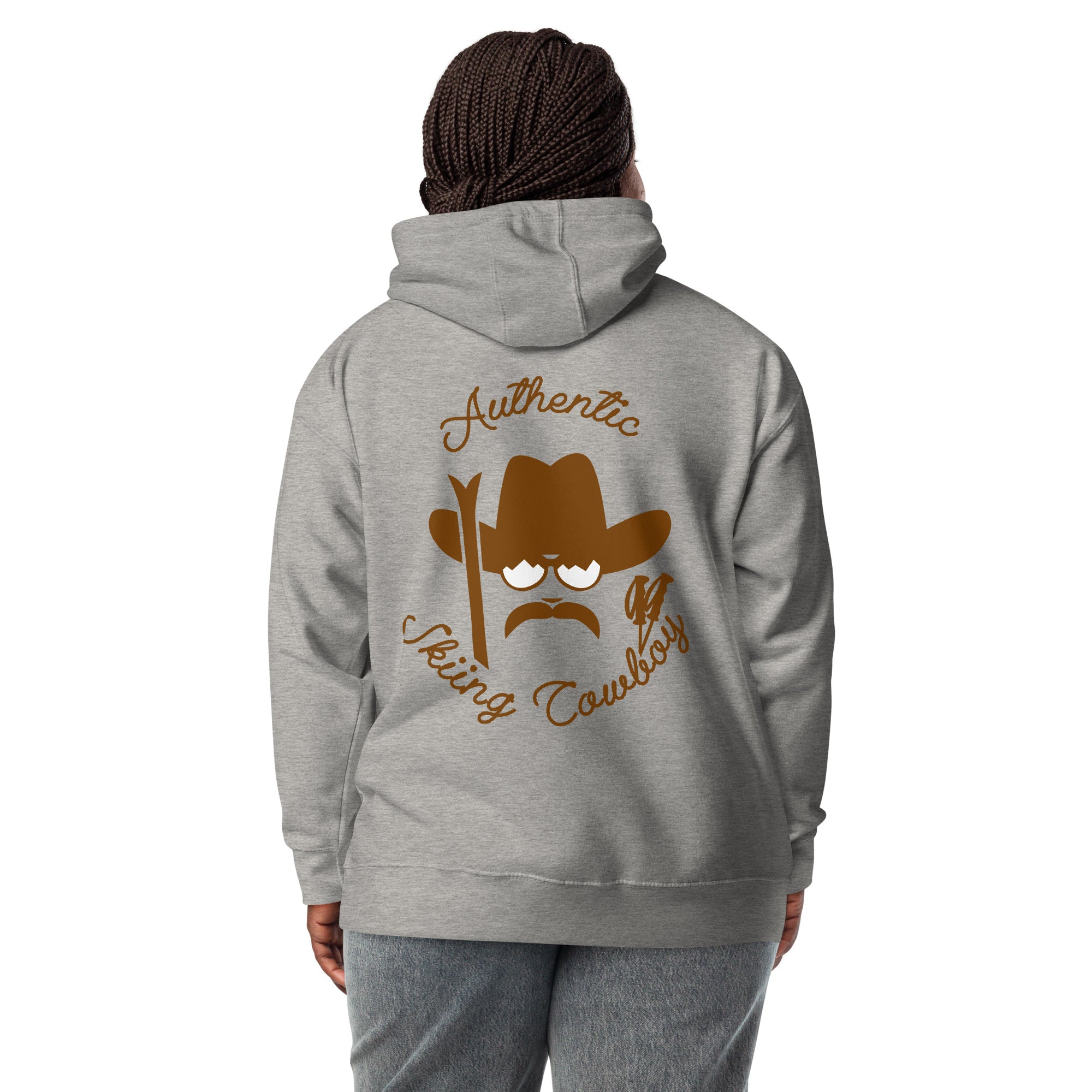 Unisex Cotton Hoodie Authentic Skiing Cowboy Brown (front & back)