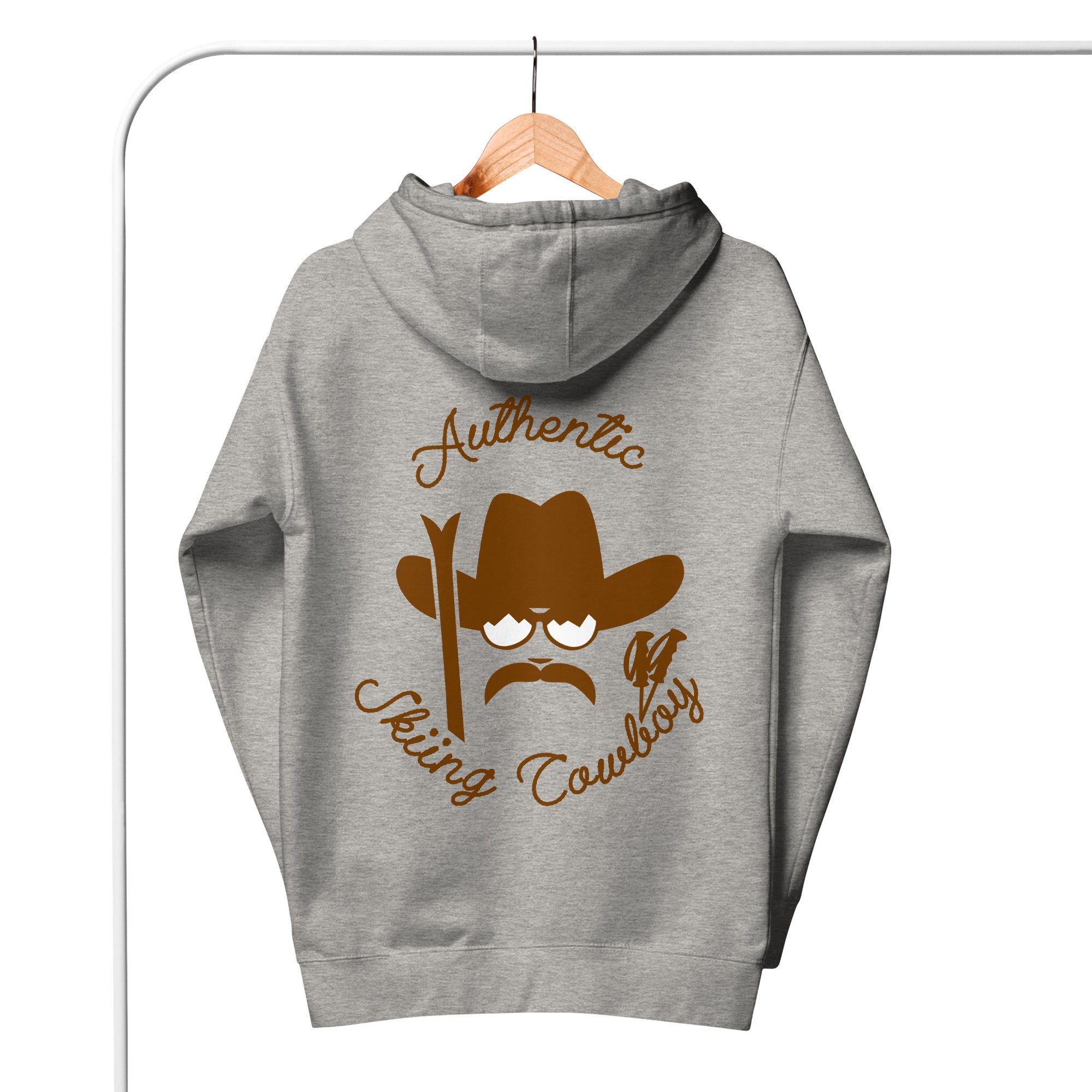 Unisex Cotton Hoodie Authentic Skiing Cowboy Brown (front & back)