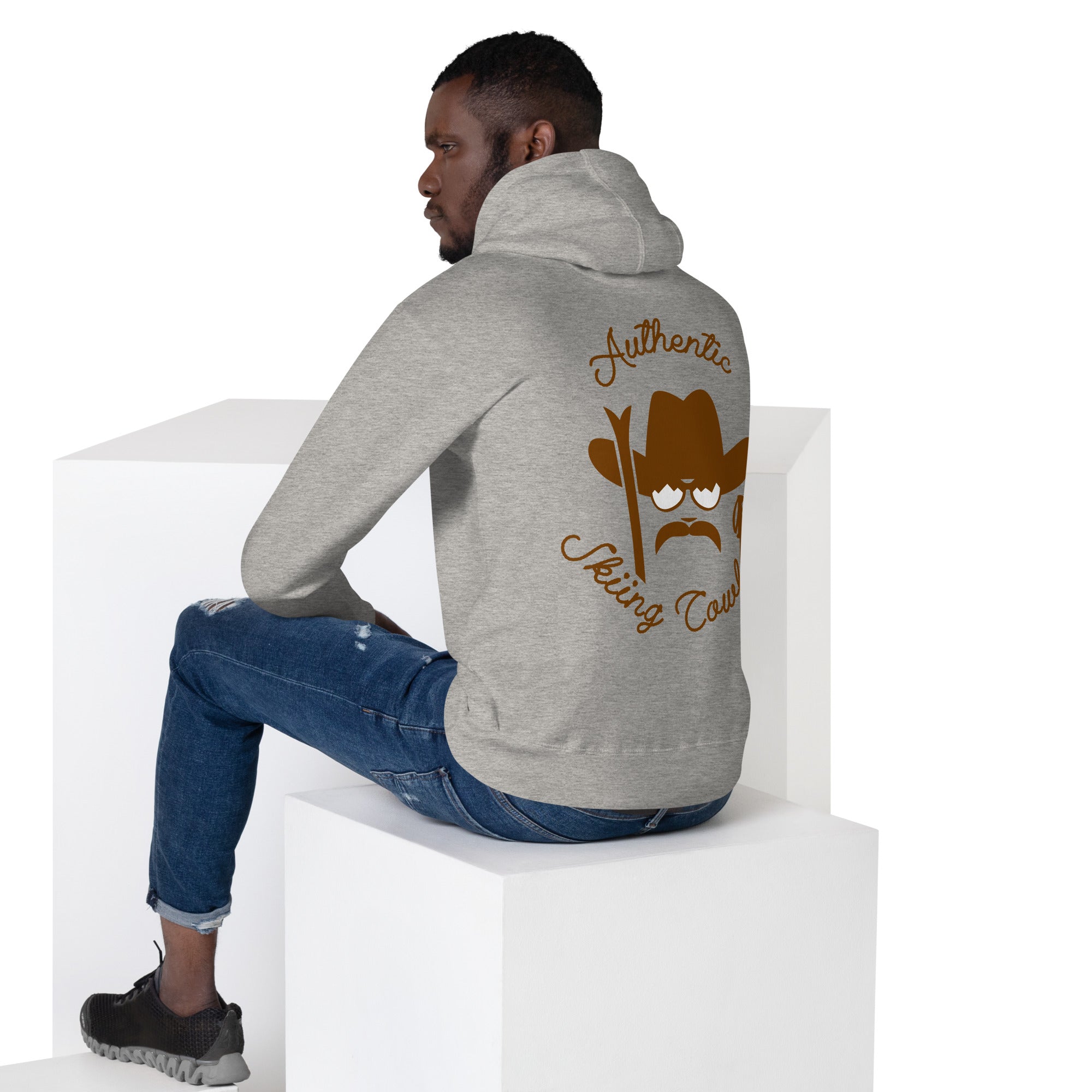 Unisex Cotton Hoodie Authentic Skiing Cowboy Brown (front & back)