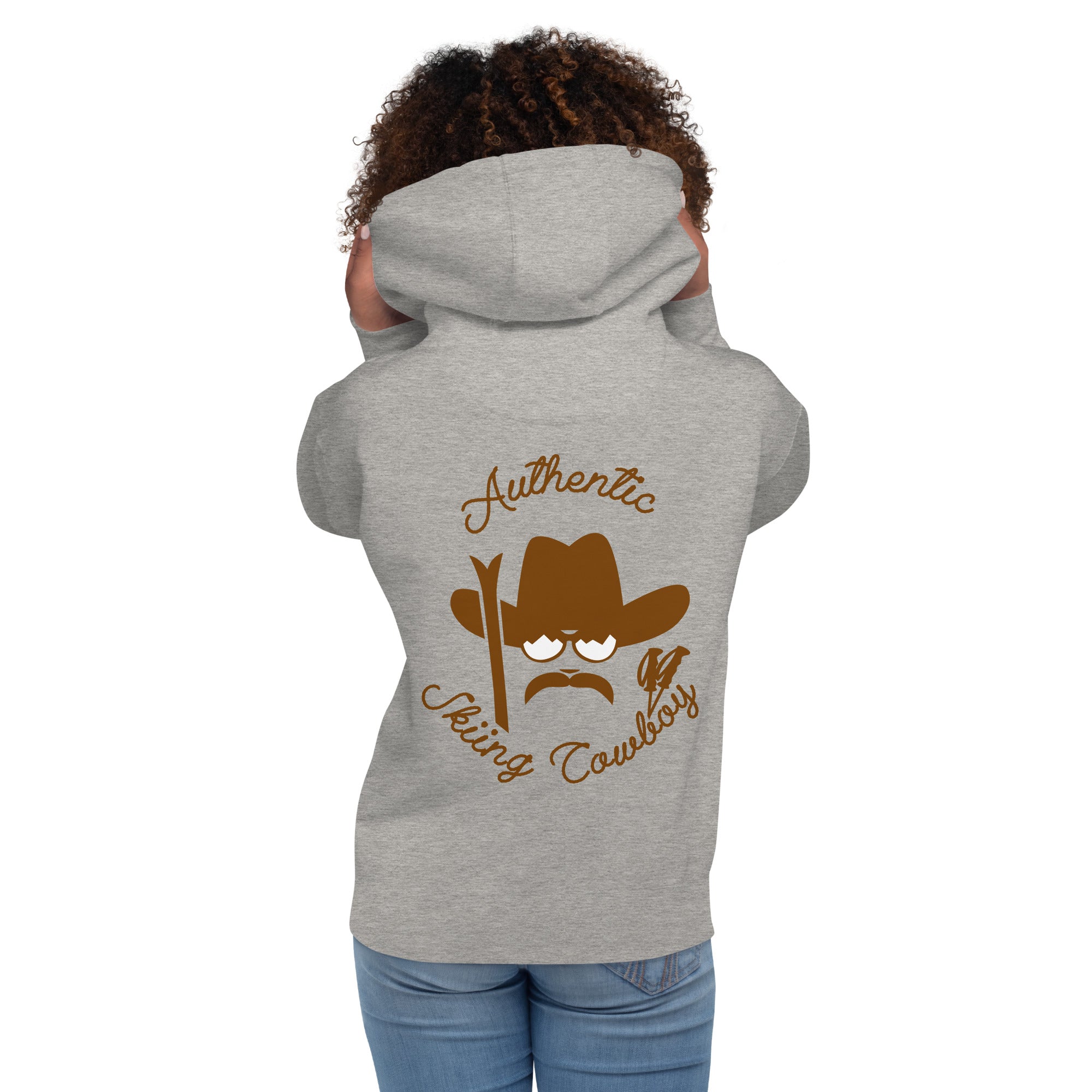 Unisex Cotton Hoodie Authentic Skiing Cowboy Brown (front & back)