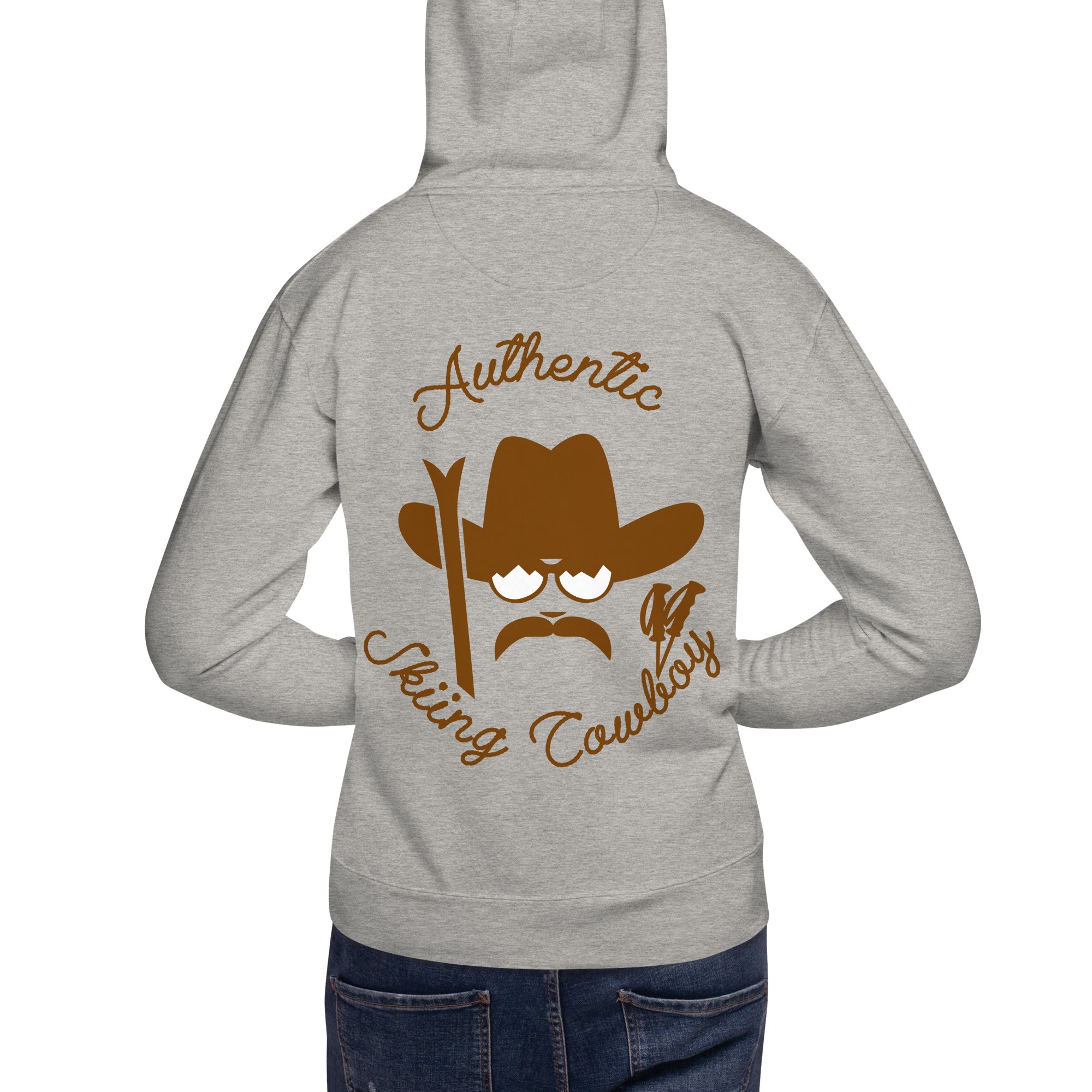 Unisex Cotton Hoodie Authentic Skiing Cowboy Brown (front & back)