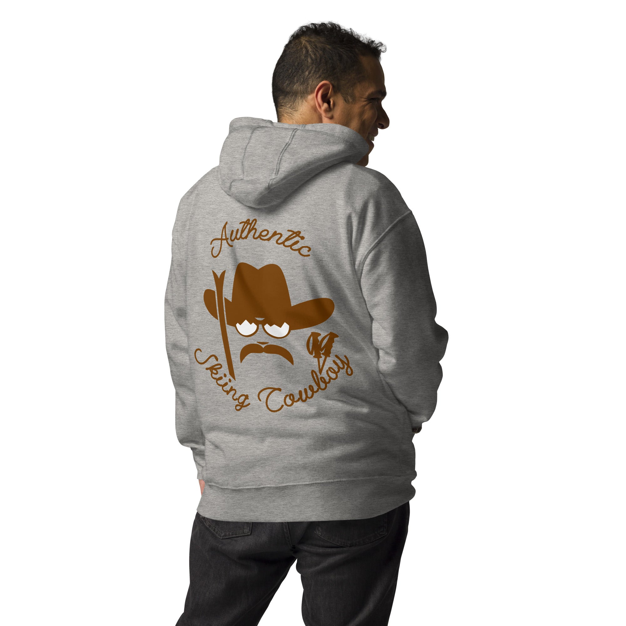 Sweat à capuche unisexe en coton Authentic Skiing Cowboy marron (face & dos)