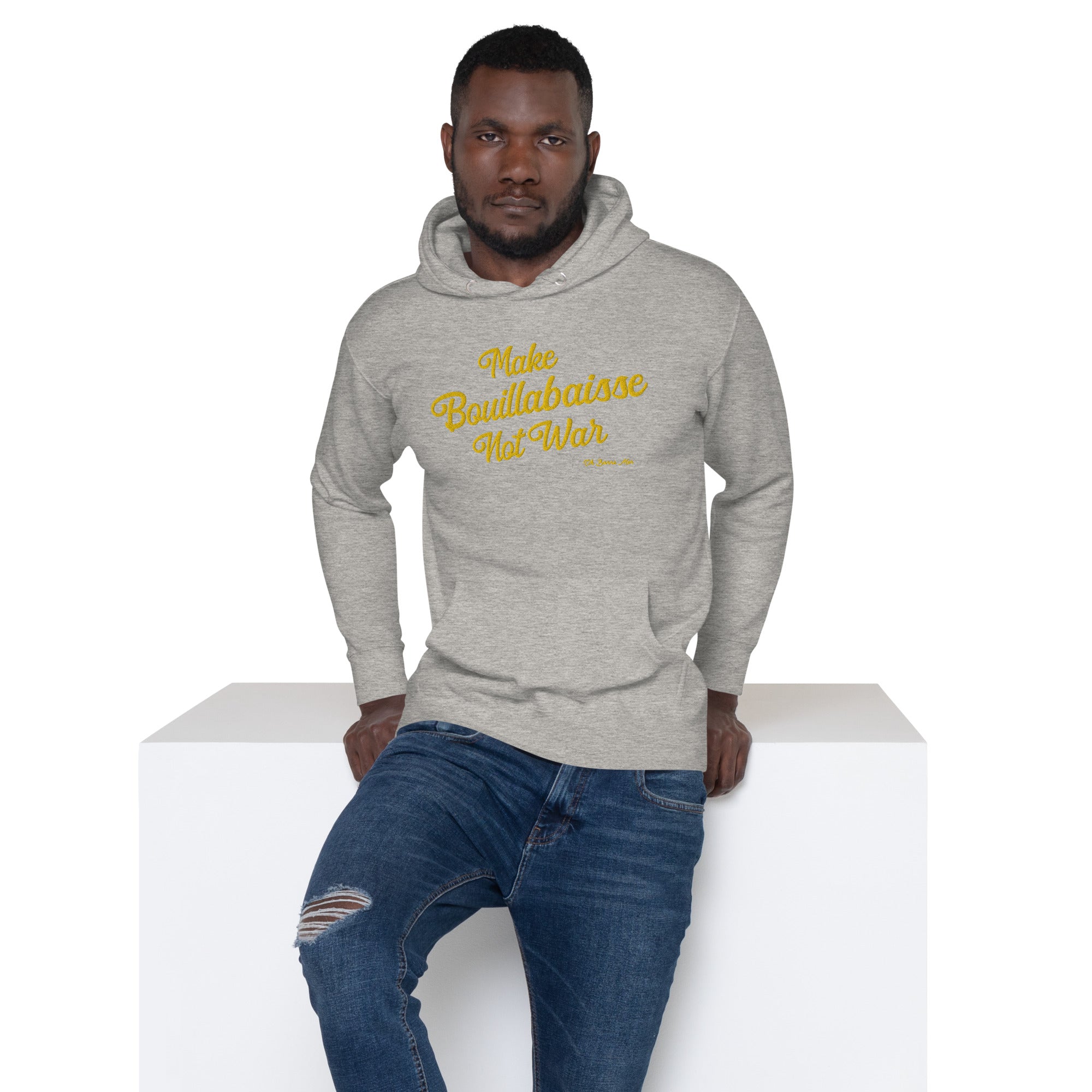 Sweat à capuche unisexe en coton Make Bouillabaisse Not War doré grand motif brodé sur couleurs claires