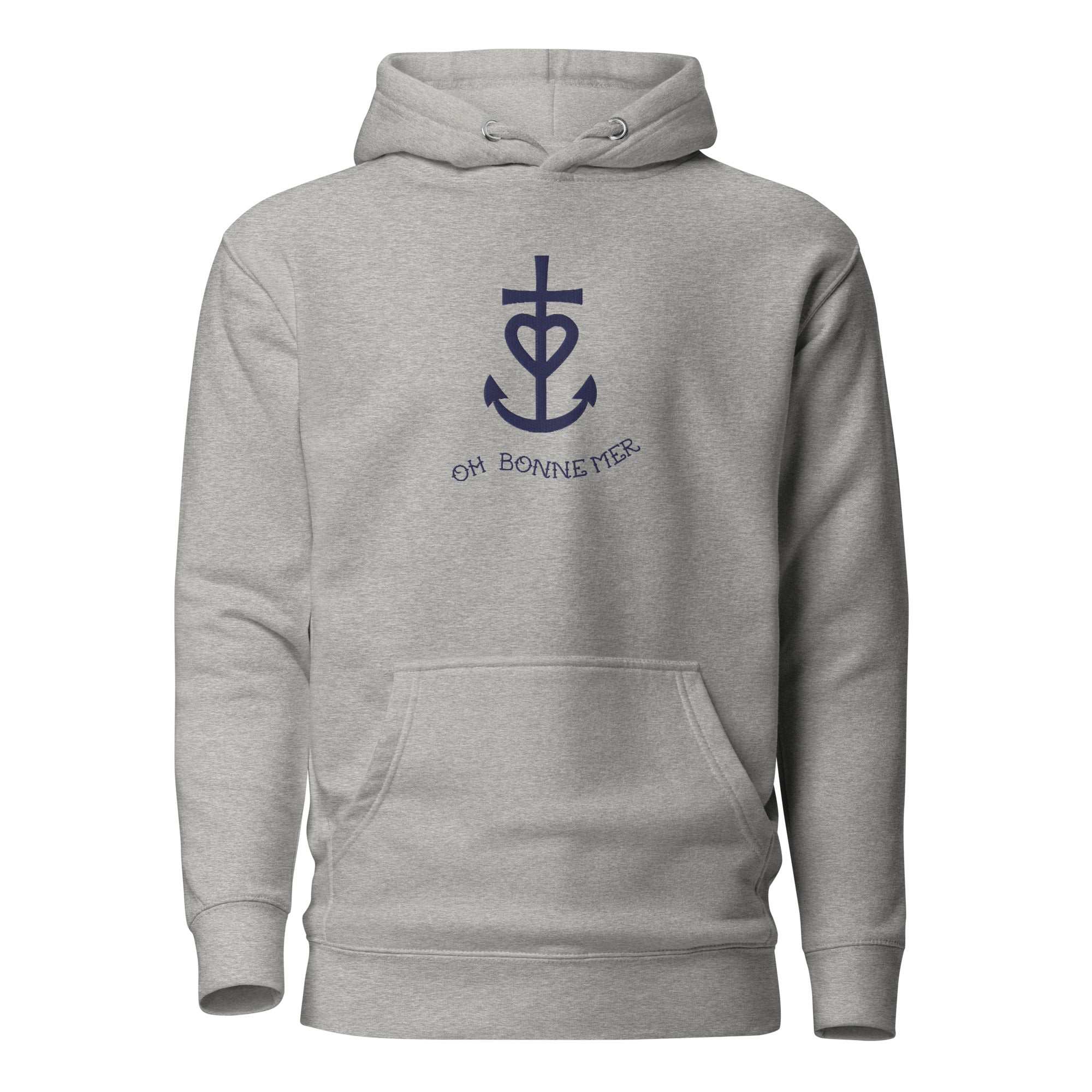 Sweat à capuche unisexe en coton Croix de Camargue Oh Bonne mer bleu marine grand motif brodé sur couleurs claires