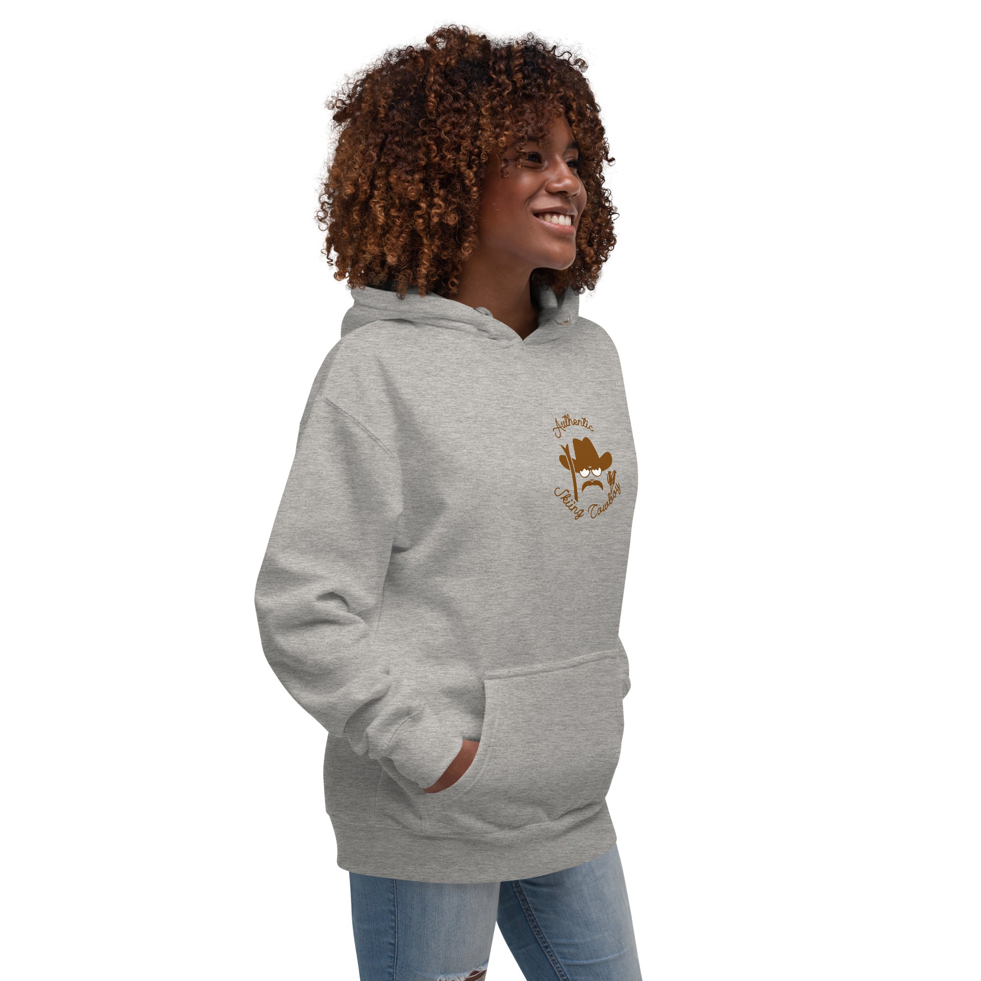 Unisex Cotton Hoodie Authentic Skiing Cowboy Brown (front & back)