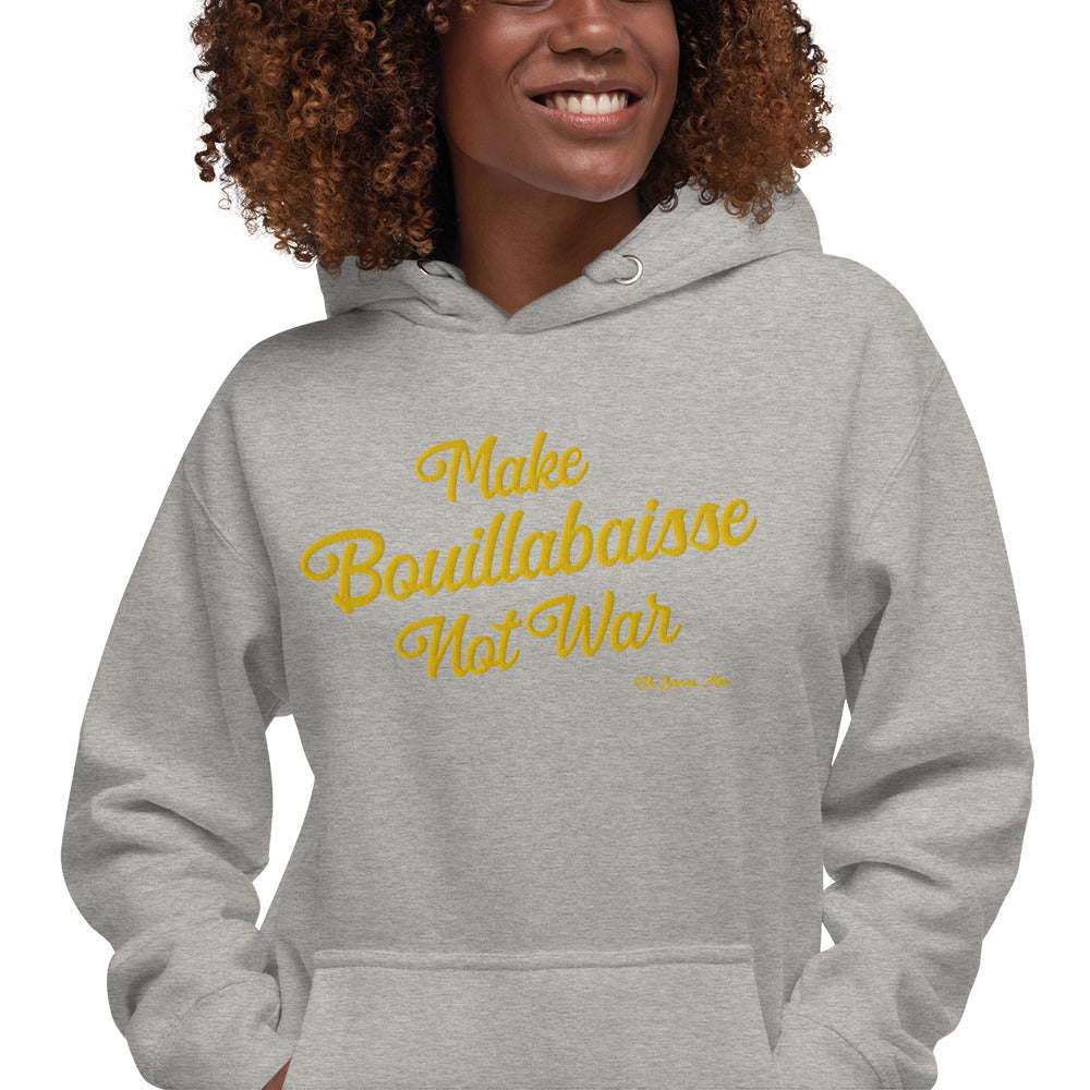 Sweat à capuche unisexe en coton Make Bouillabaisse Not War doré grand motif brodé sur couleurs claires