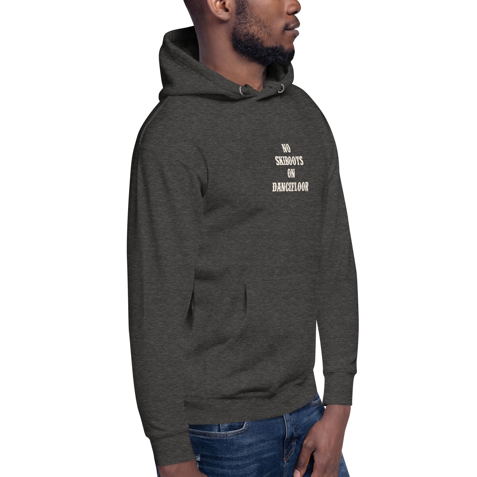 Unisex Cotton Hoodie No Skiboots on Dancefloor on dark colors