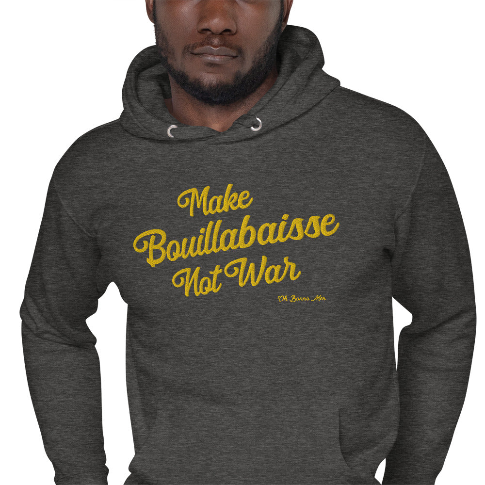 Sweat à capuche unisexe en coton Make Bouillabaisse Not War doré grand motif brodé sur couleurs foncées