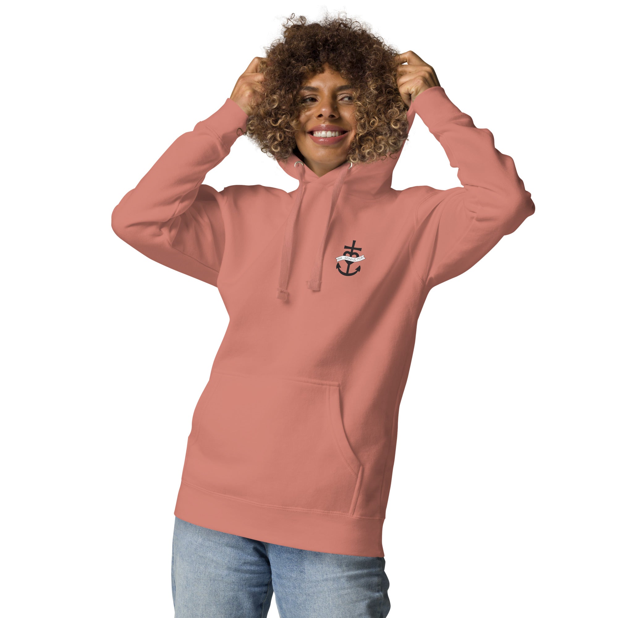 Sweat à capuche unisexe en coton Oh Bonne Mer 1 (face & dos) avec grand motif dans le dos