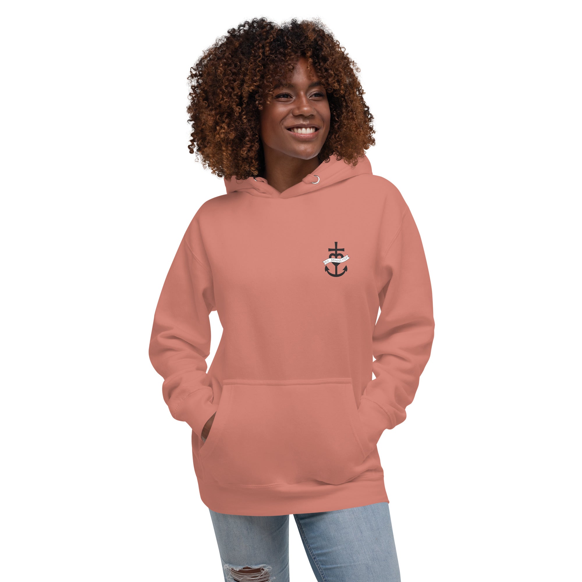 Sweat à capuche unisexe en coton Oh Bonne Mer 1 (face & dos) avec grand motif dans le dos