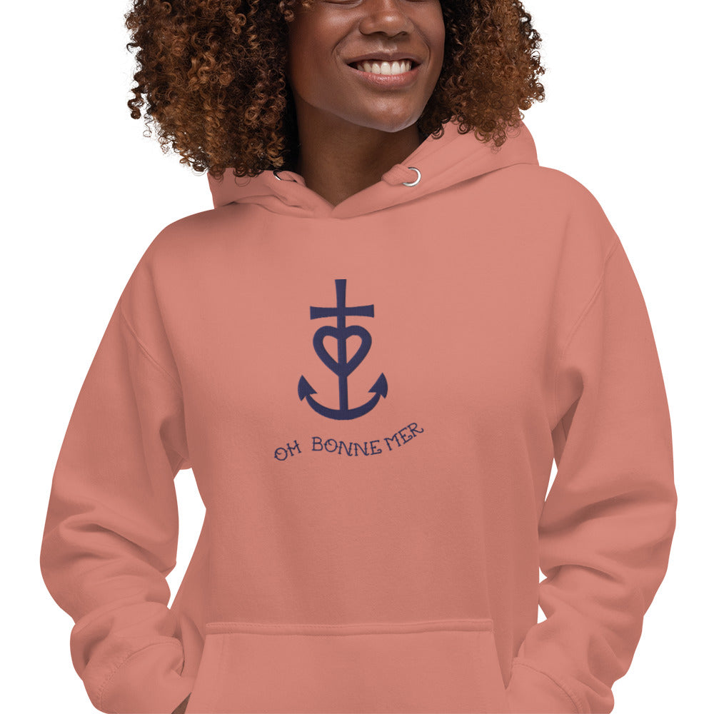 Sweat à capuche unisexe en coton Croix de Camargue Oh Bonne mer bleu marine grand motif brodé sur couleurs claires