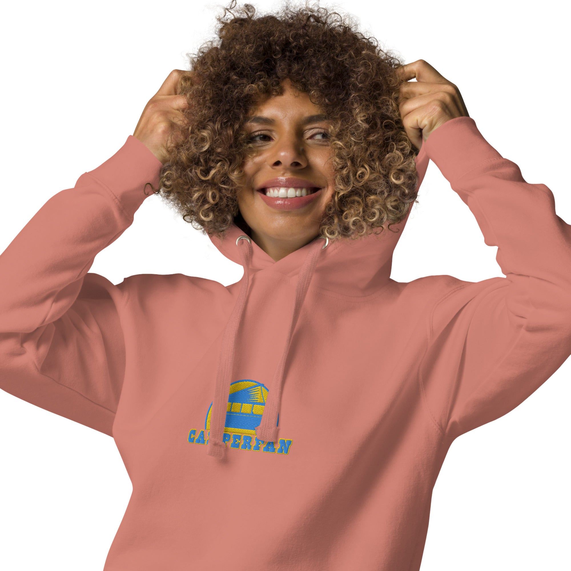 Unisex Cotton Hoodie Camperfan aqua/gold embroidered pattern