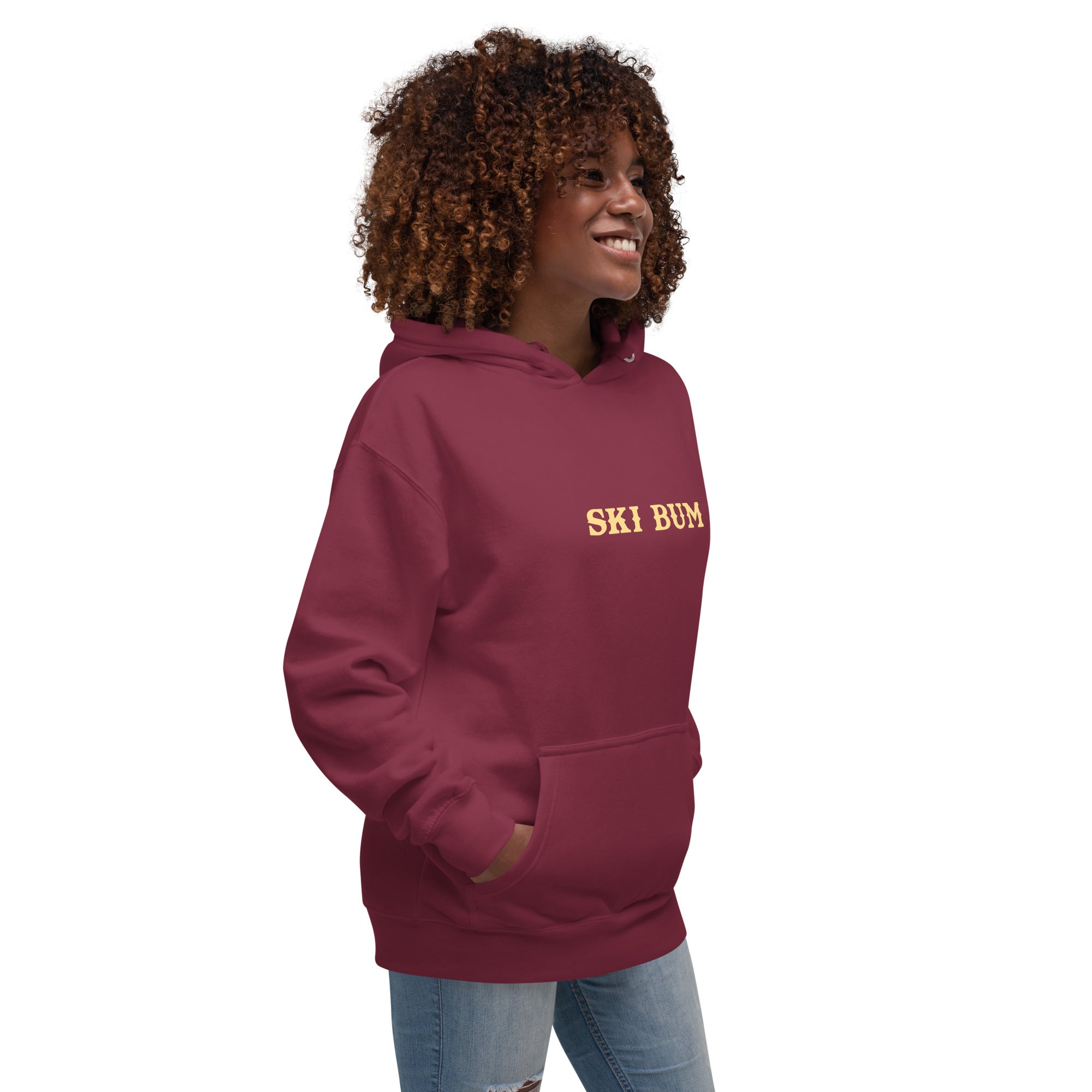 Unisex Cotton Hoodie Ski Bum light text (front & back)