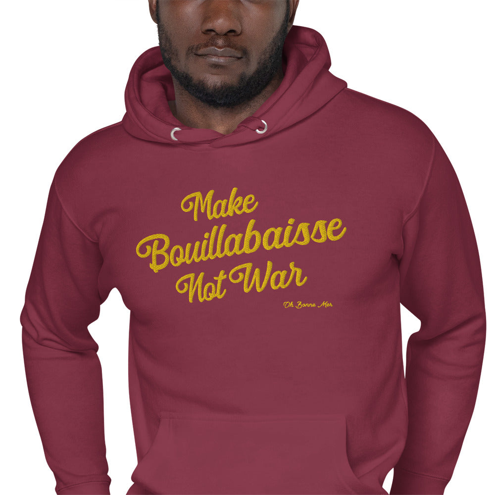 Sweat à capuche unisexe en coton Make Bouillabaisse Not War doré grand motif brodé sur couleurs foncées