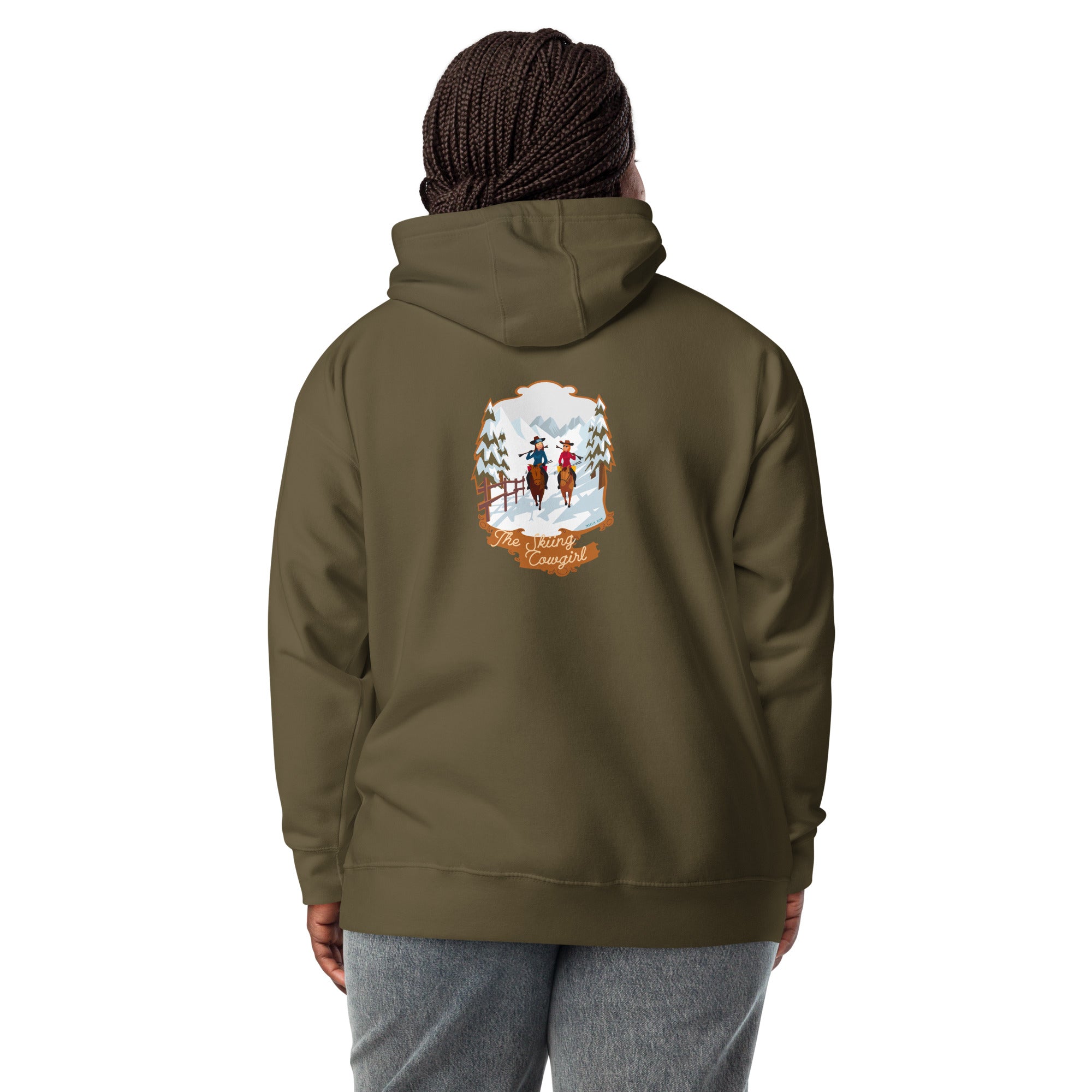 Unisex Cotton Hoodie The Skiing Cowgirl (front & back)