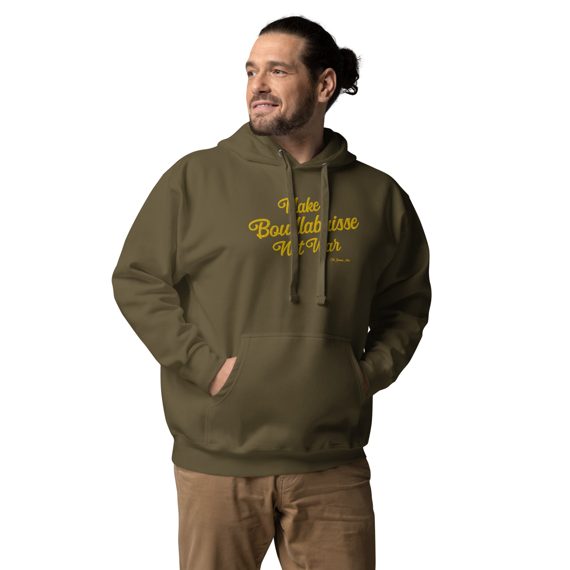 Unisex Cotton Hoodie Make Bouillabaisse Not War Gold large embroidered pattern on dark colors