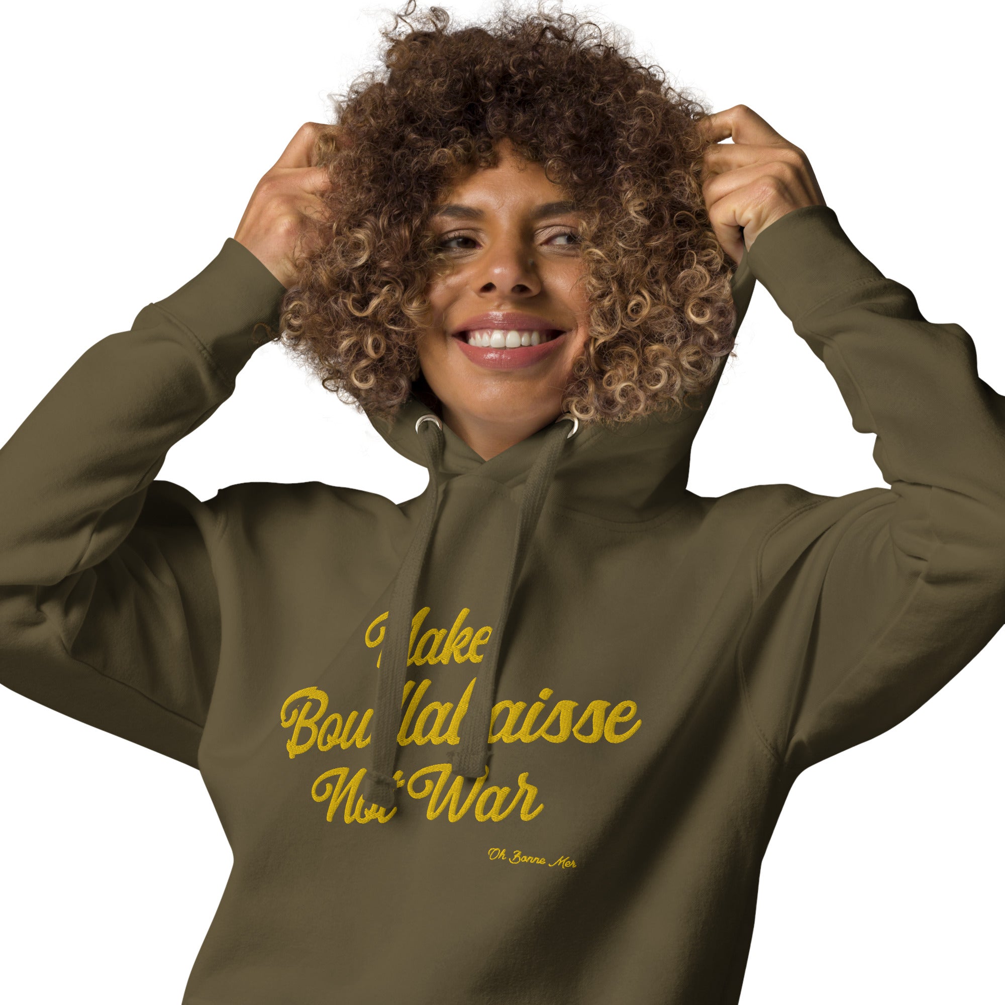 Unisex Cotton Hoodie Make Bouillabaisse Not War Gold large embroidered pattern on dark colors