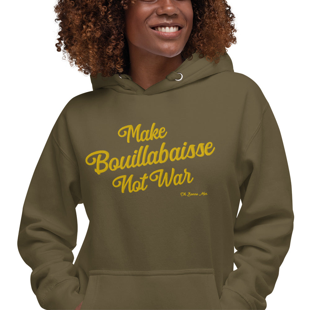 Sweat à capuche unisexe en coton Make Bouillabaisse Not War doré grand motif brodé sur couleurs foncées