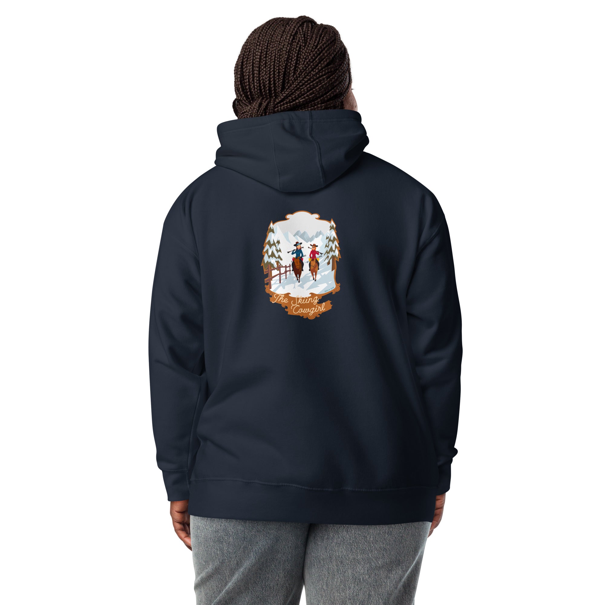 Unisex Cotton Hoodie The Skiing Cowgirl (front & back)