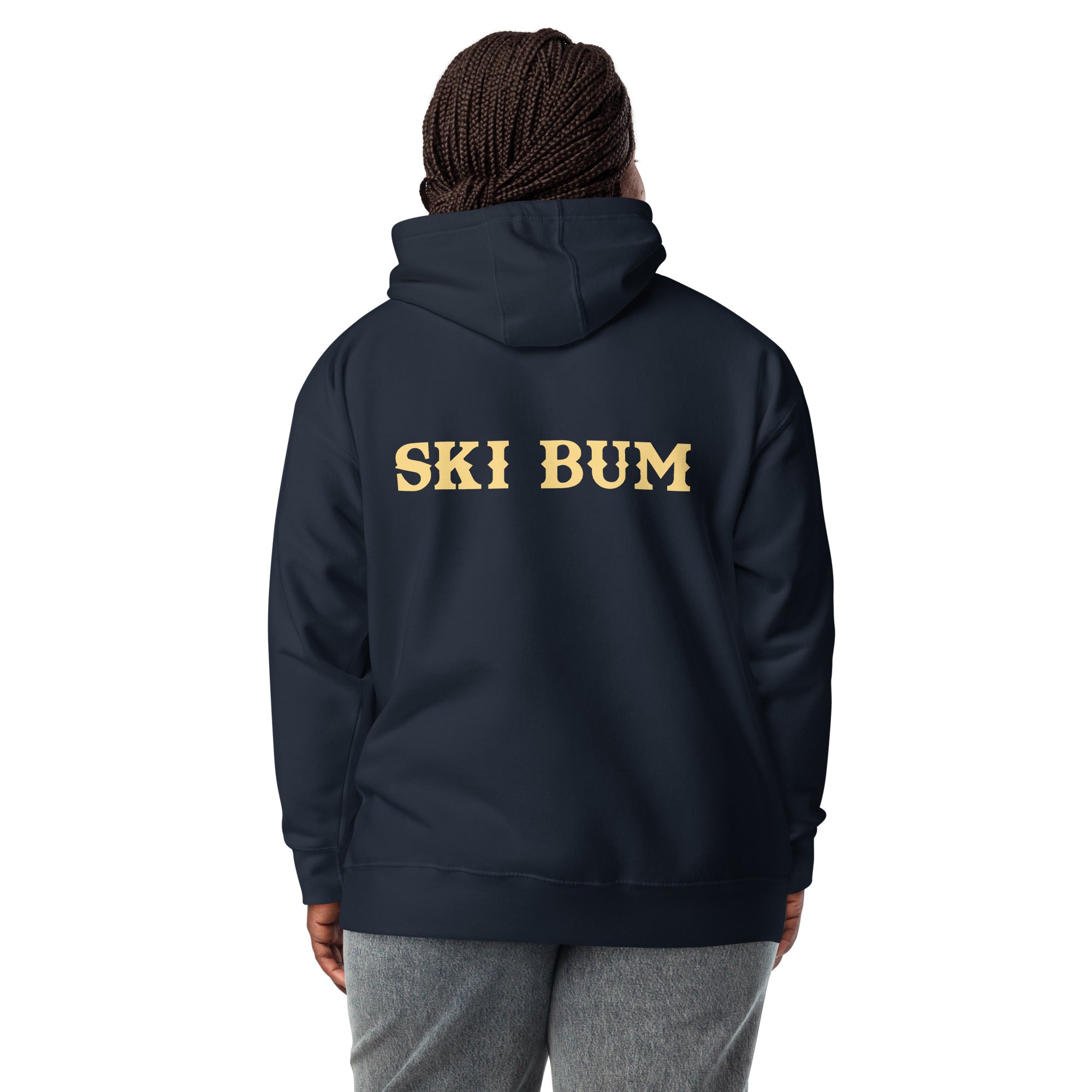 Unisex Cotton Hoodie Ski Bum light text (front & back)