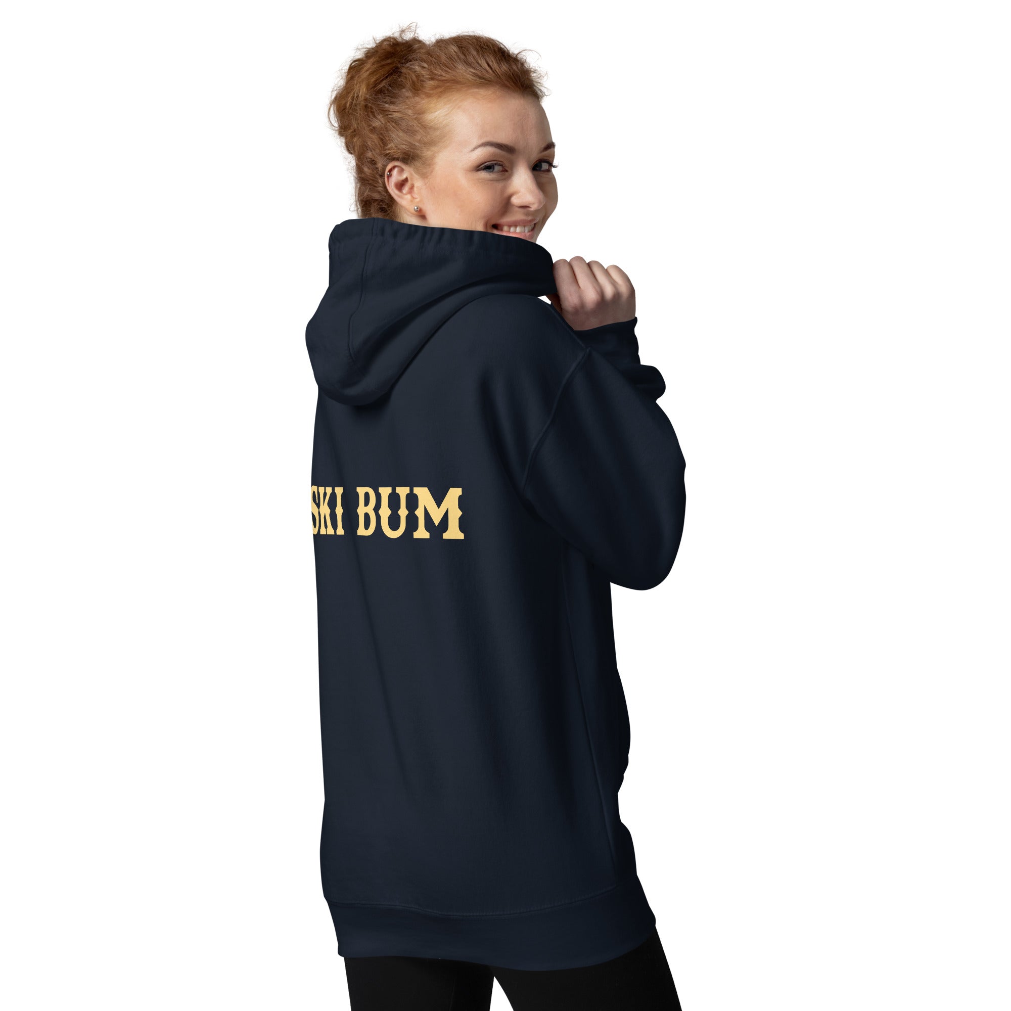 Unisex Cotton Hoodie Ski Bum light text (front & back)