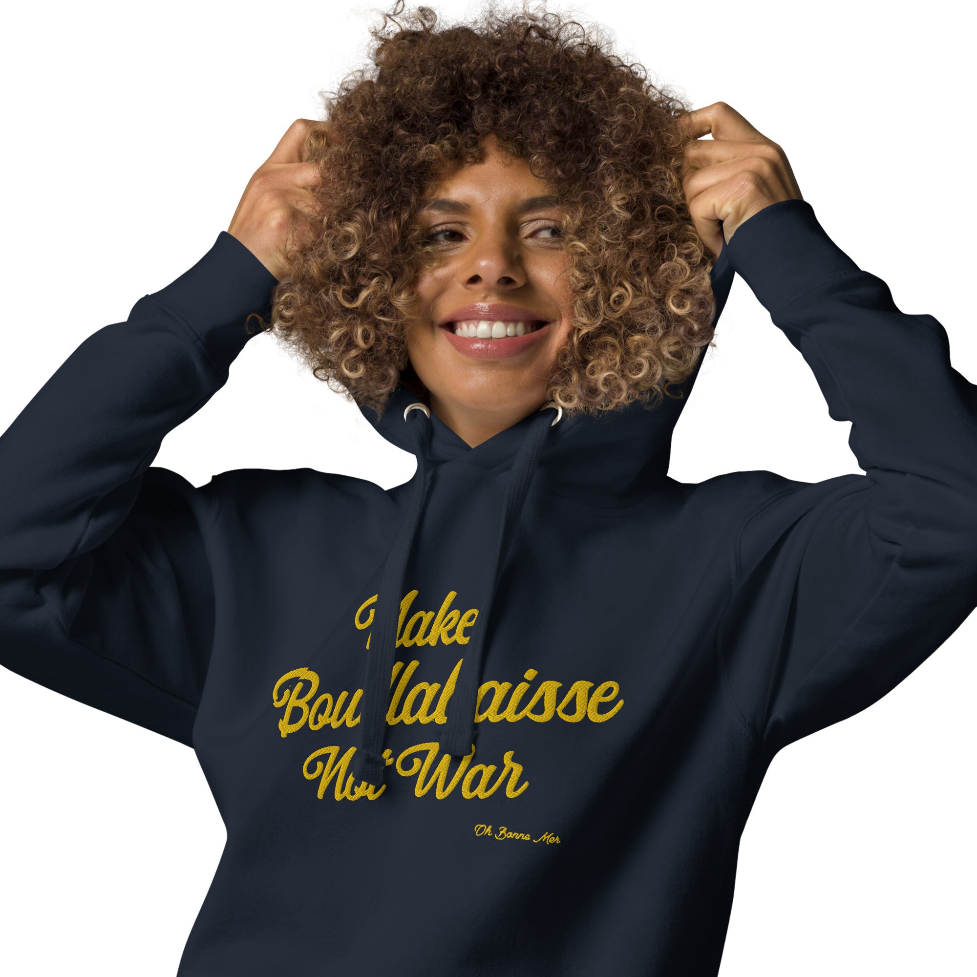 Unisex Cotton Hoodie Make Bouillabaisse Not War Gold large embroidered pattern on dark colors