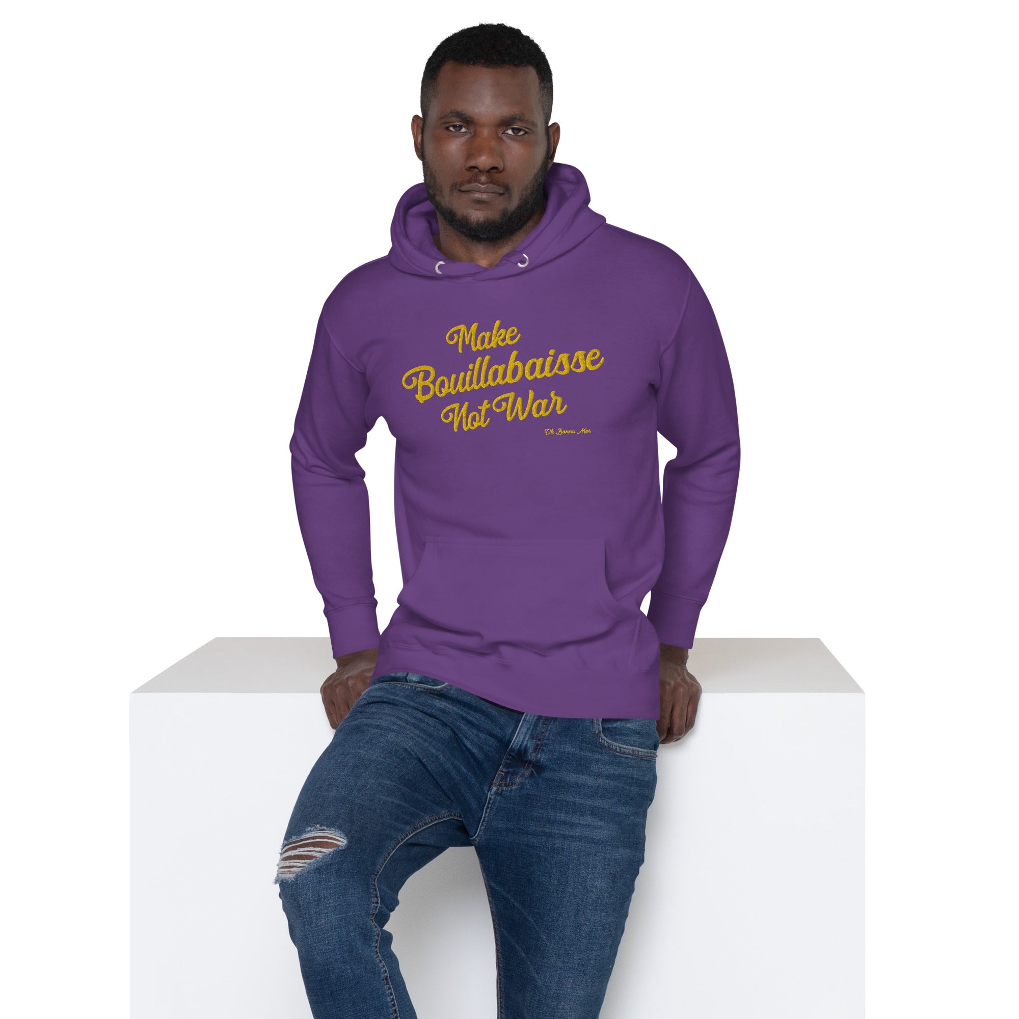 Sweat à capuche unisexe en coton Make Bouillabaisse Not War doré grand motif brodé sur couleurs foncées