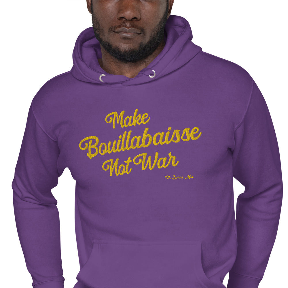 Sweat à capuche unisexe en coton Make Bouillabaisse Not War doré grand motif brodé sur couleurs foncées