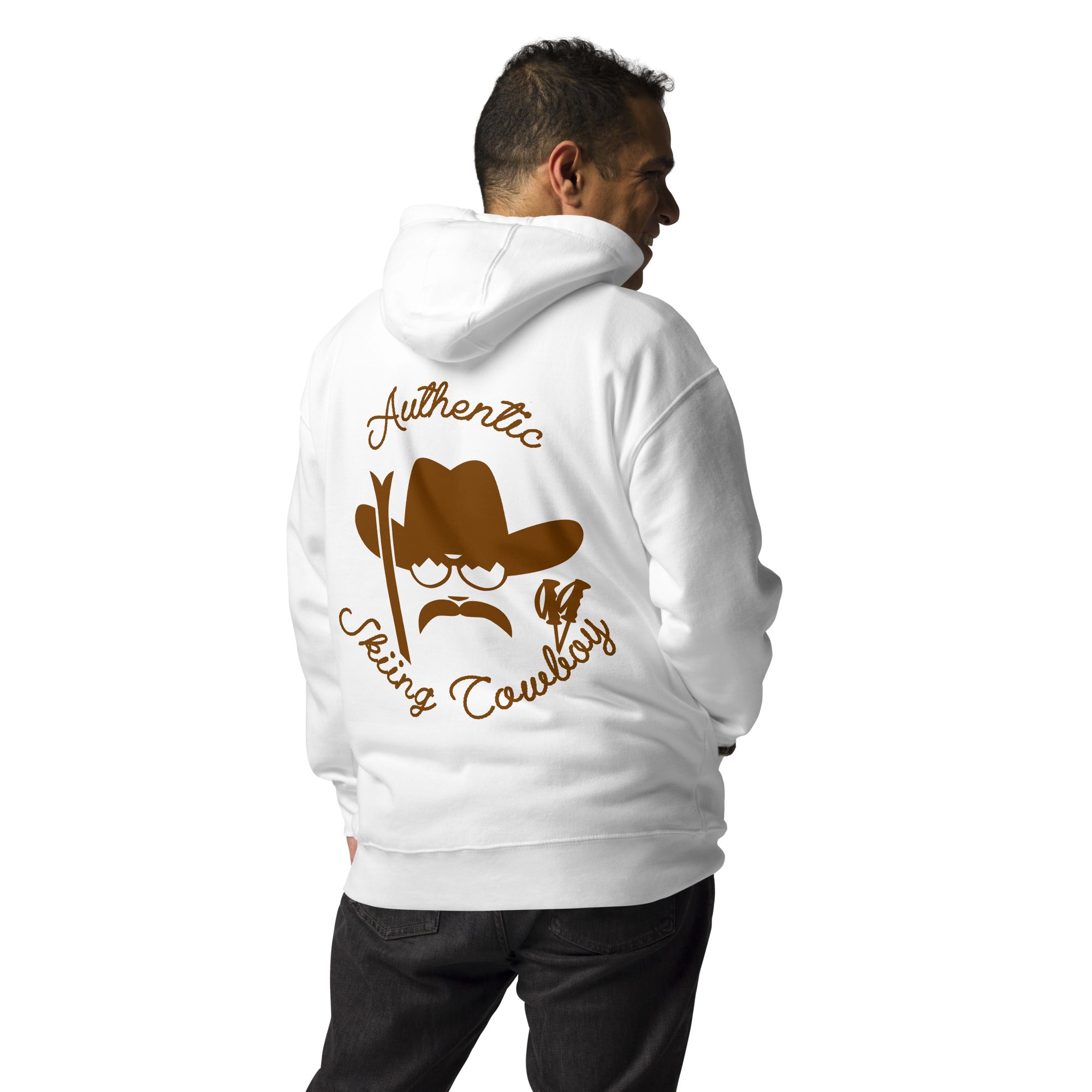 Sweat à capuche unisexe en coton Authentic Skiing Cowboy marron (face & dos)