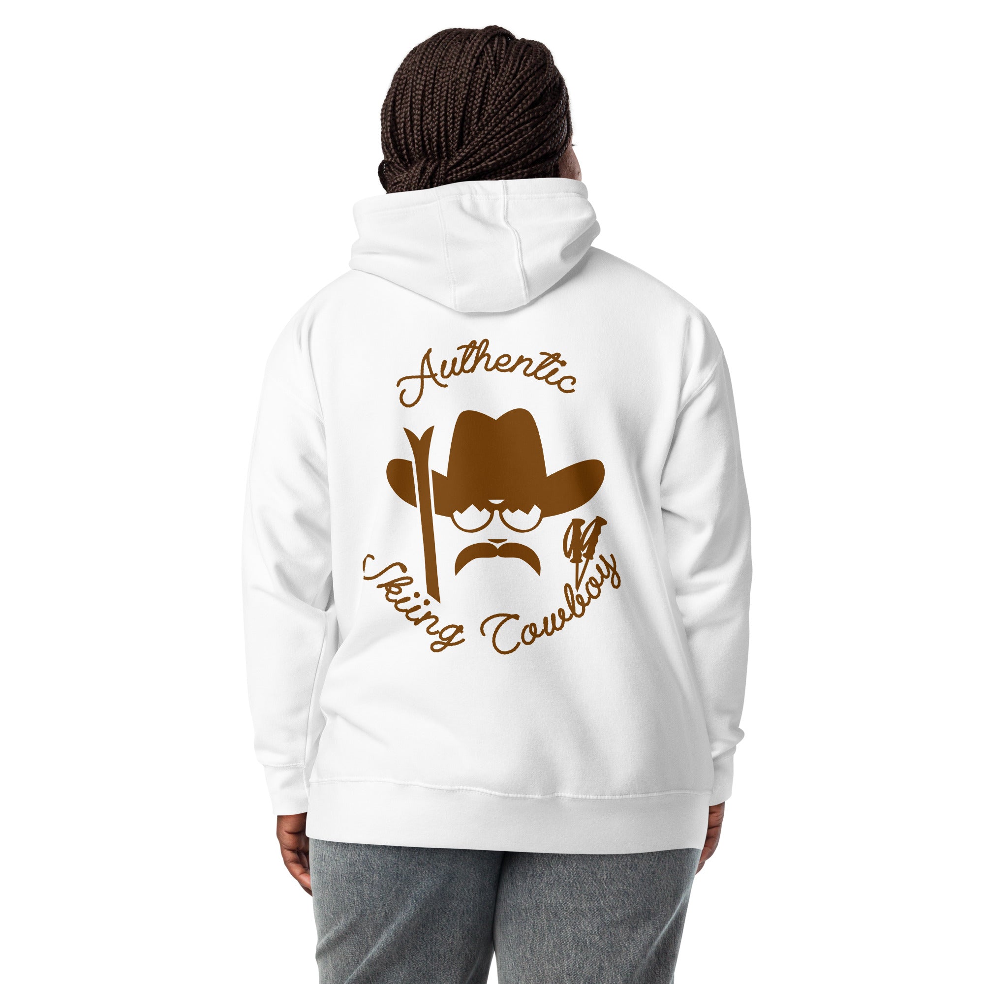 Sweat à capuche unisexe en coton Authentic Skiing Cowboy marron (face & dos)