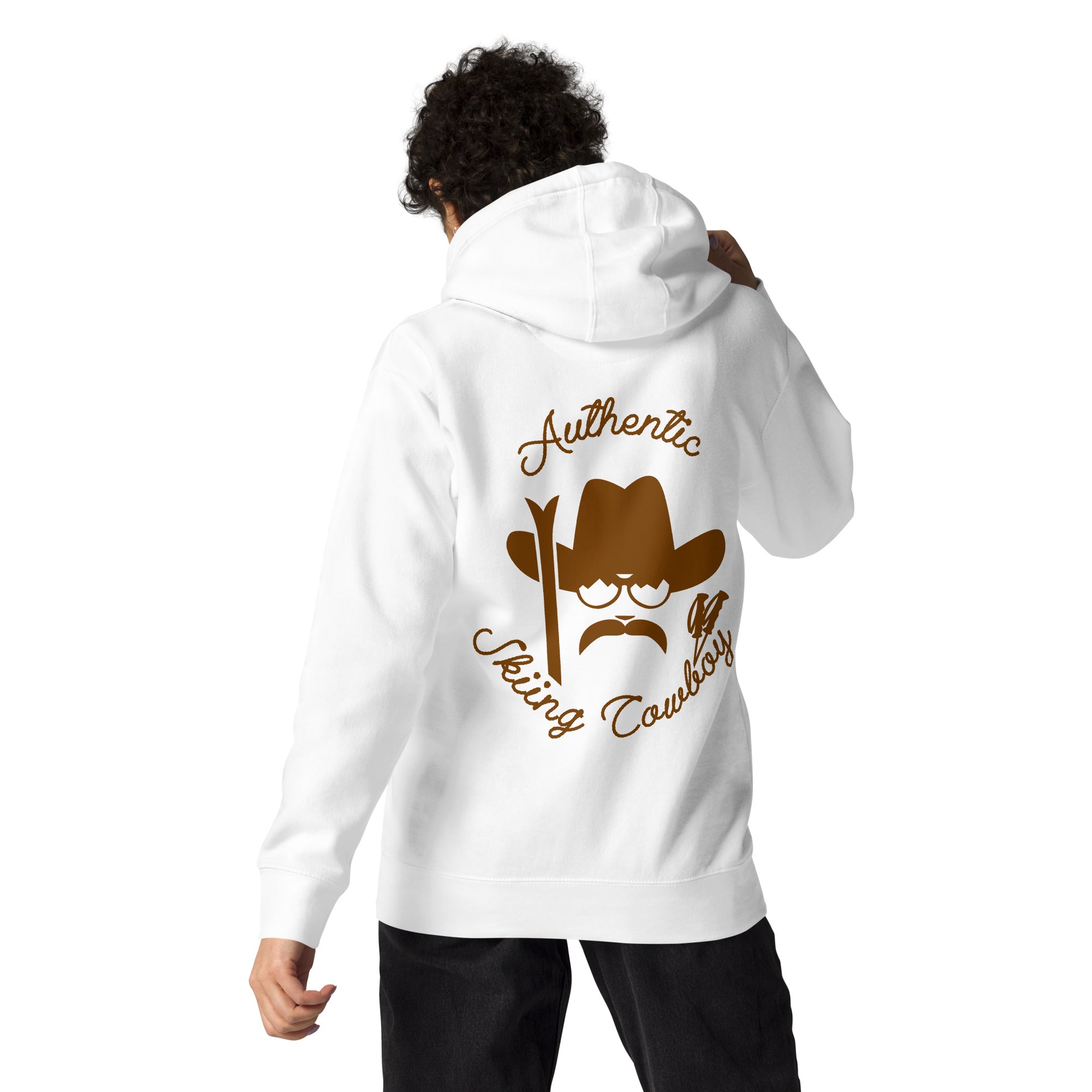 Unisex Cotton Hoodie Authentic Skiing Cowboy Brown (front & back)