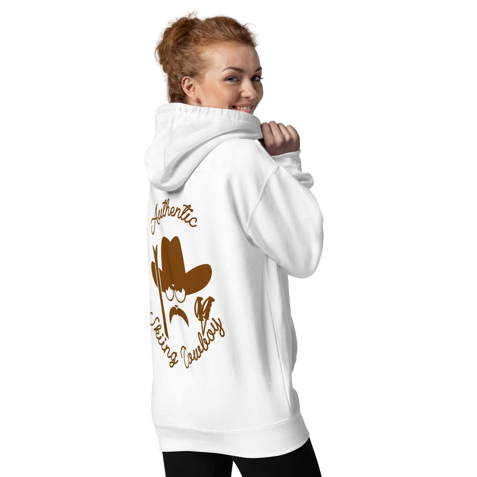 Unisex Cotton Hoodie Authentic Skiing Cowboy Brown (front & back)